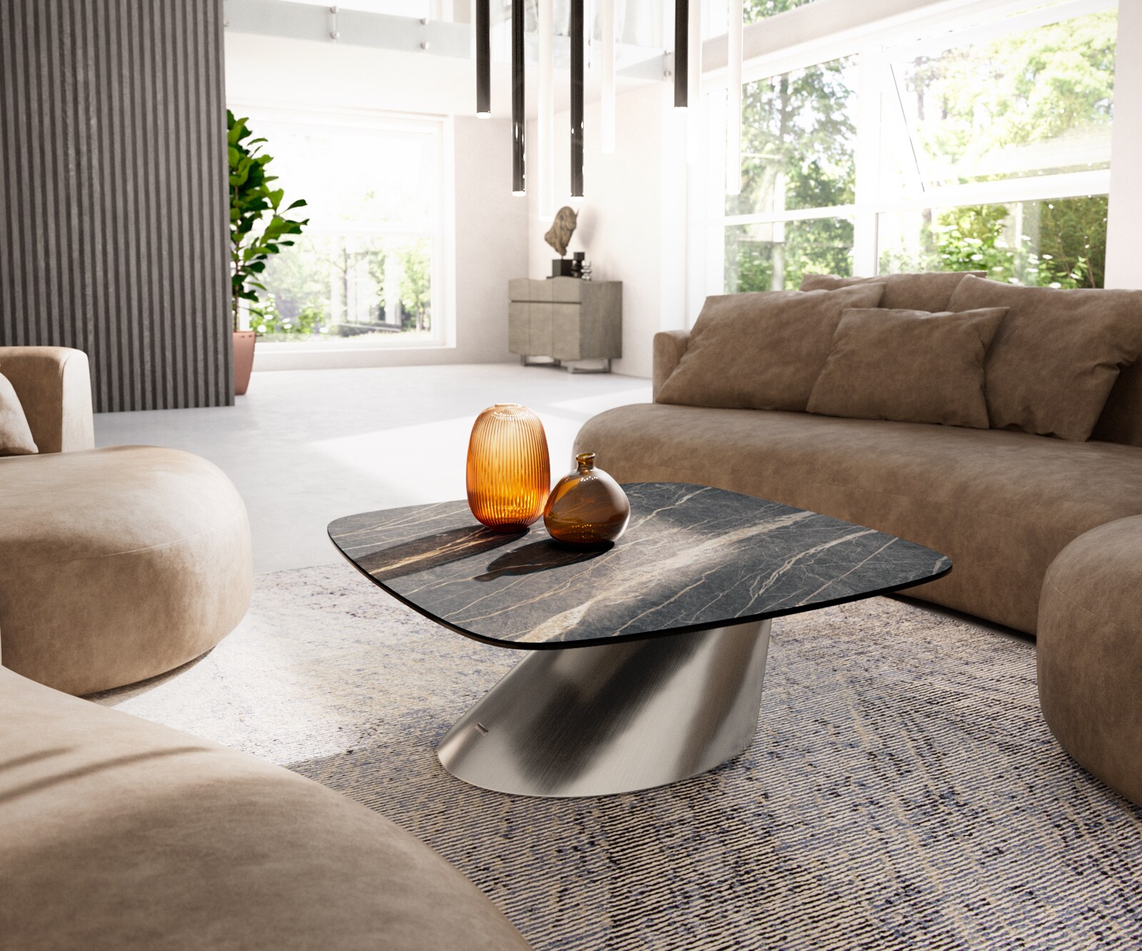 Table basse Edge Boot 90x90 cm céramique Laminam® Noir Desir brun Parabi acier inoxydable brossé 4