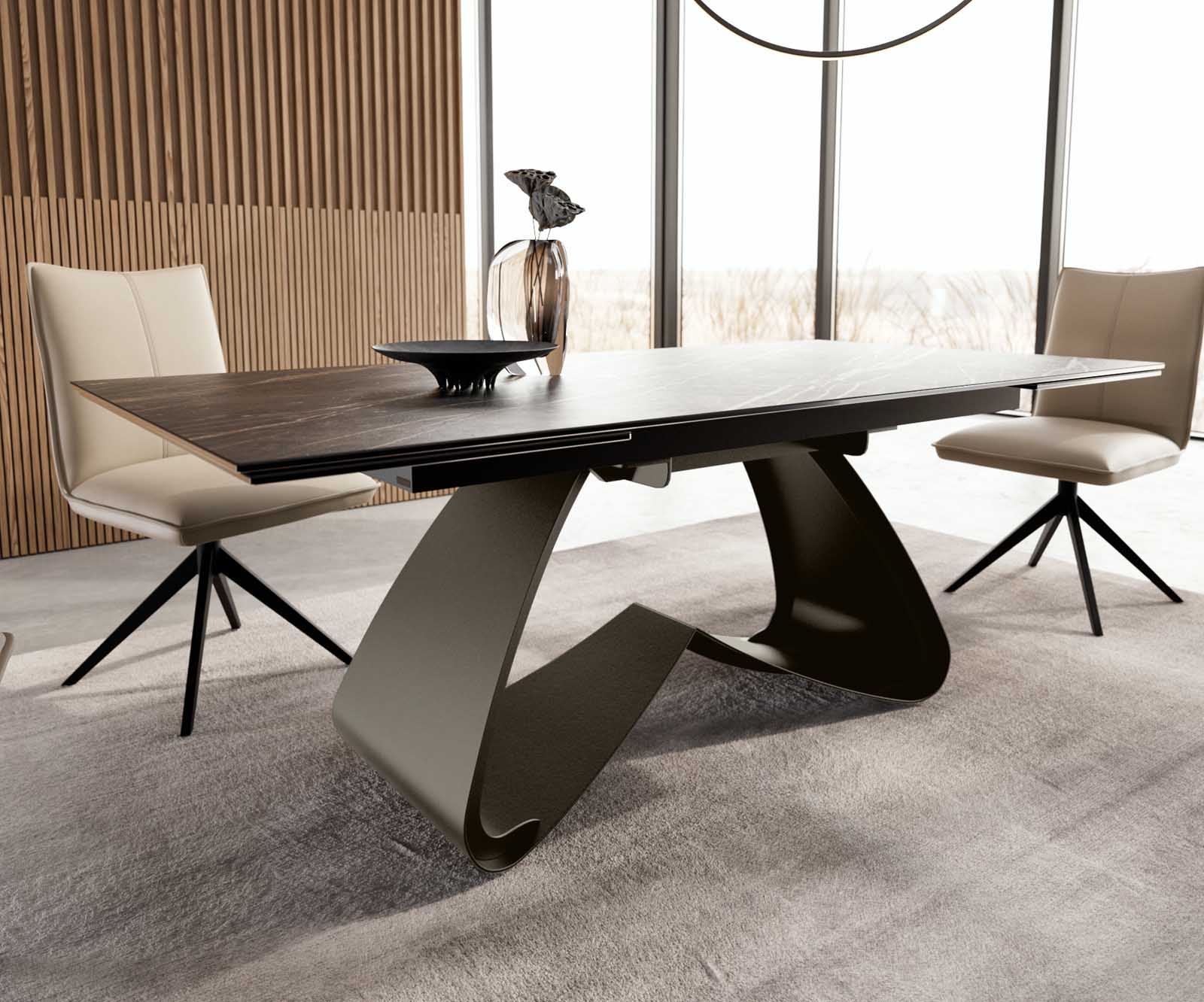 Esstisch Edge 200-300x100 Keramik Laminam®Noir Desir Braun W-Gestell Effektfinish Titan Ausziehbar 6