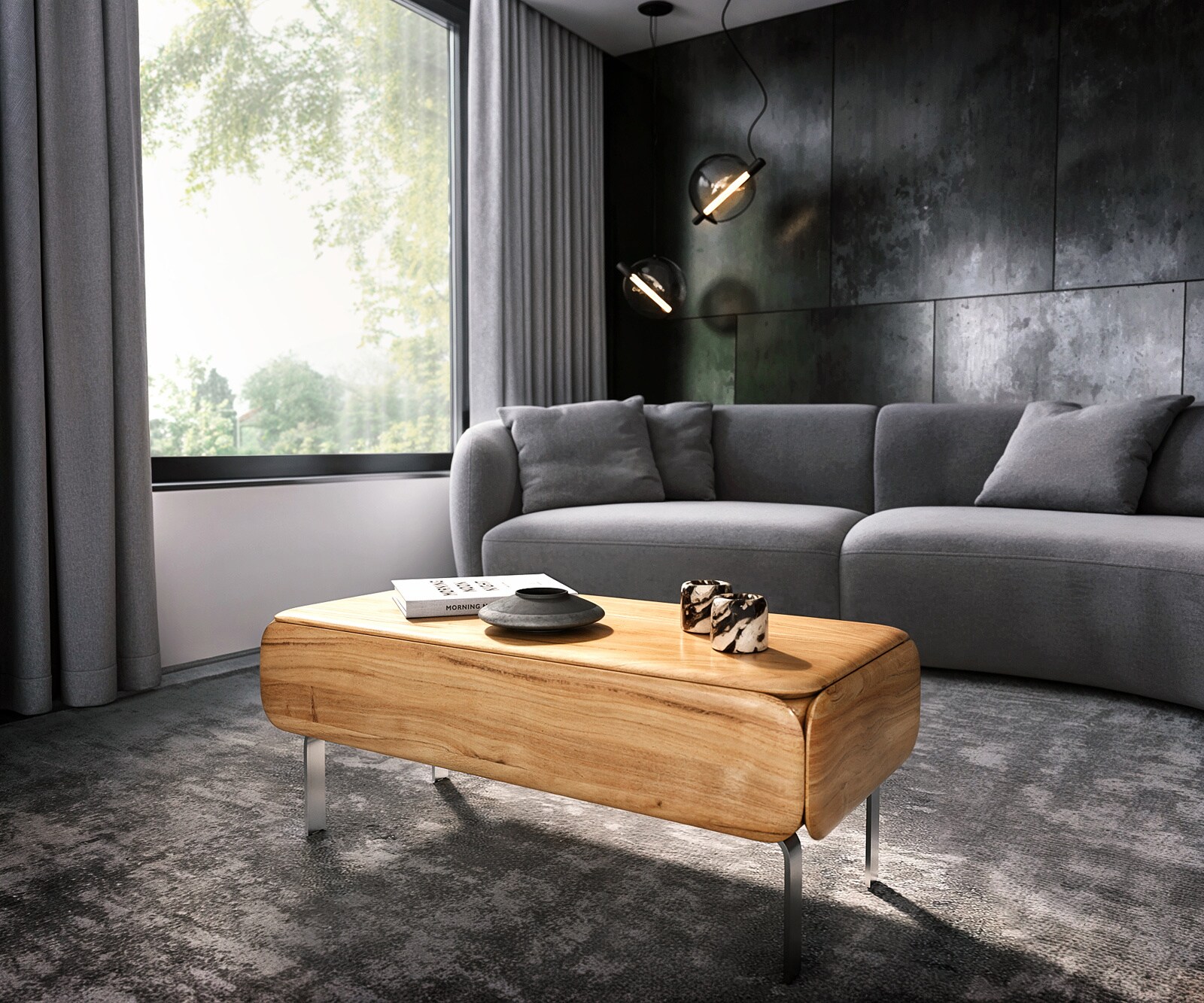 Table-basse Shavani 100x50 cm Acacia naturel 1 tiroir Pied en L Acier inoxydable argenté