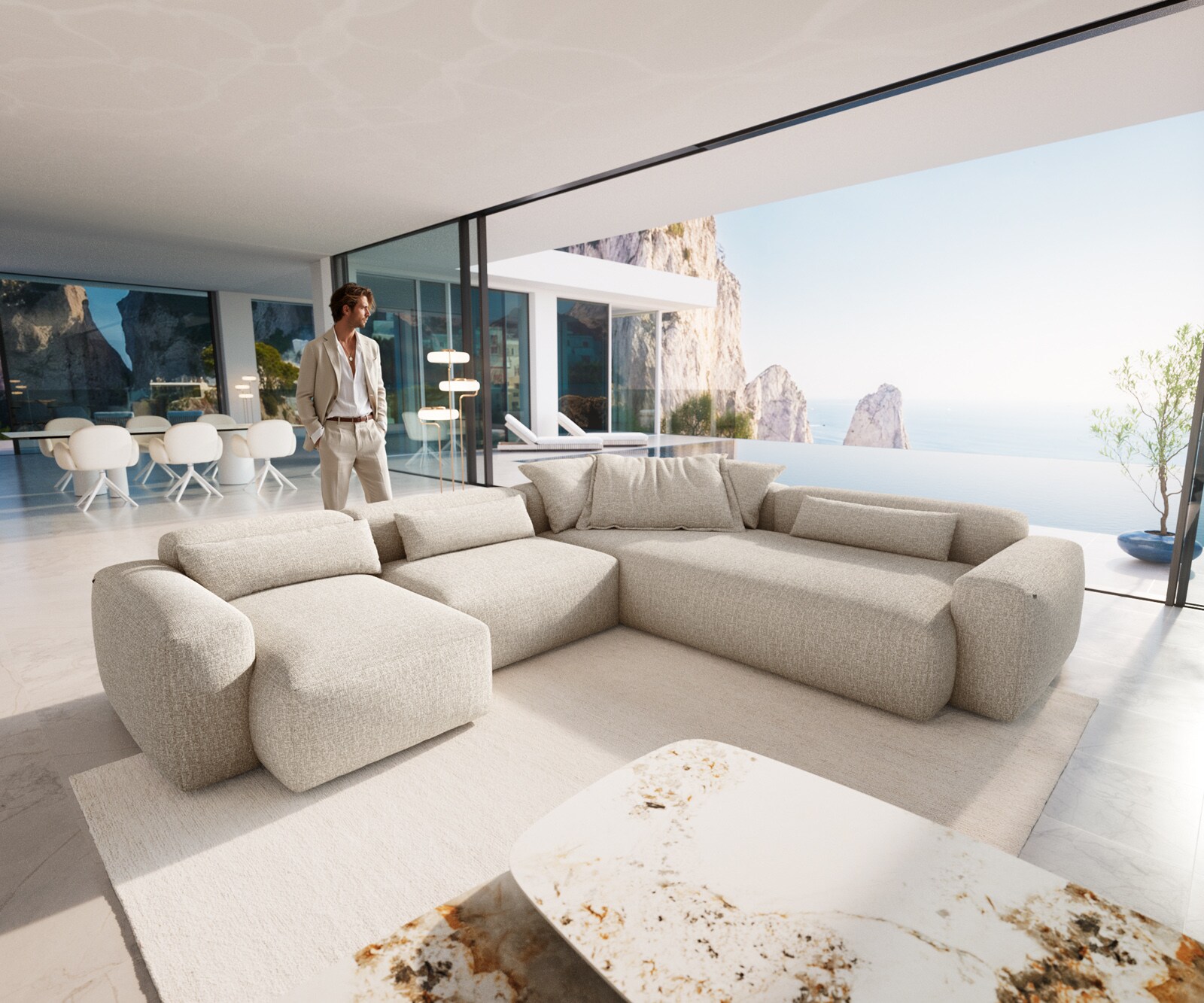 Canapé panoramique Freestyle Pure 360x290 cm Tissu tissé beige doux