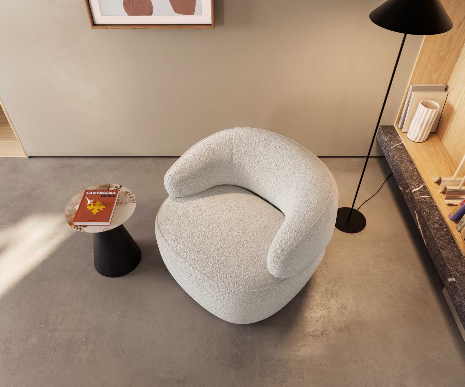Fauteuil lounge Nova 88x88 cm Bouclé Crème-Blanc 1
