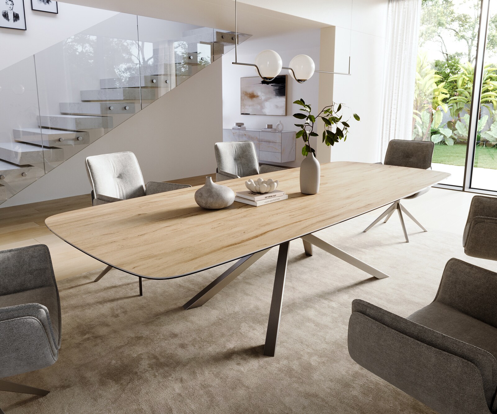 Esstisch Edge Boot 300x120 cm Keramik Laminam® Sabbia Eichefarbig Kreuzgestell Rechteck Edelstahl Graphit