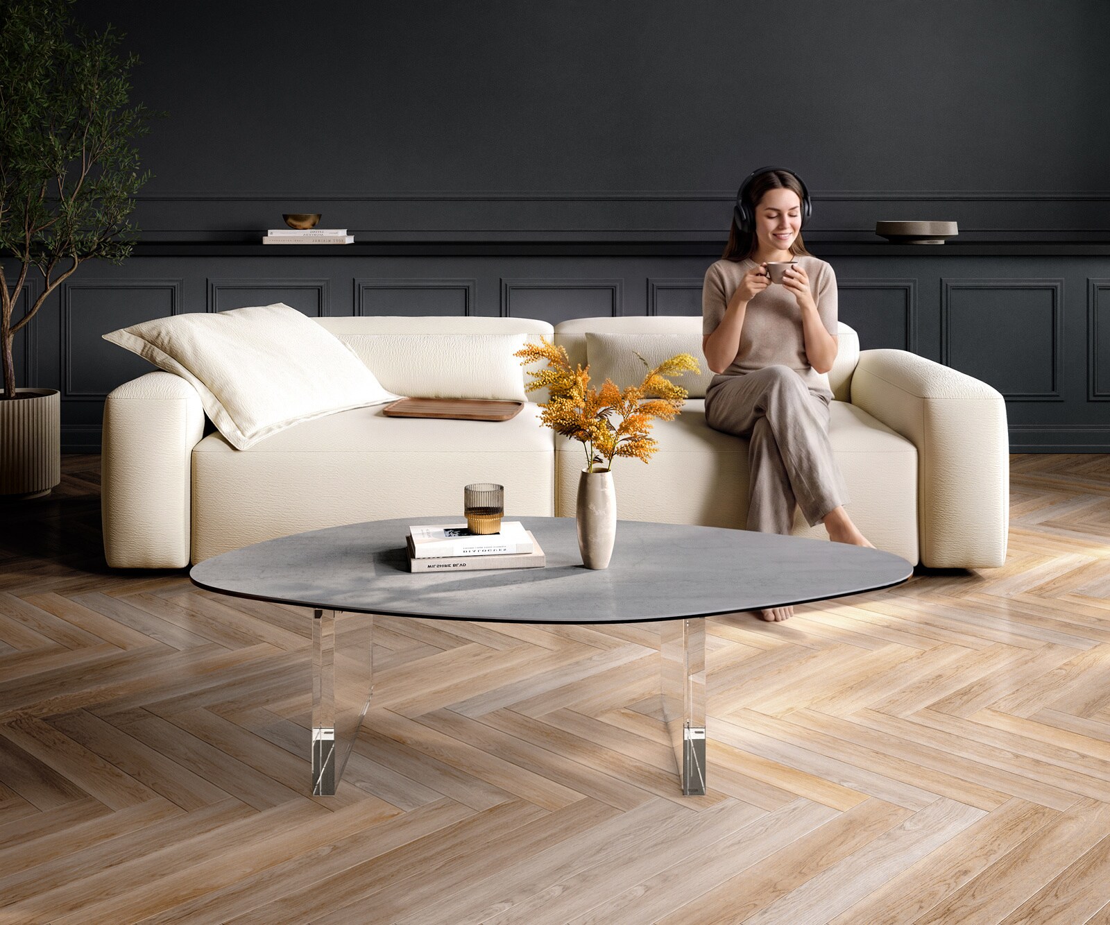 Couchtisch Edge Organisch 140x76 cm Keramik Beton Grau Lumia Acryl 1