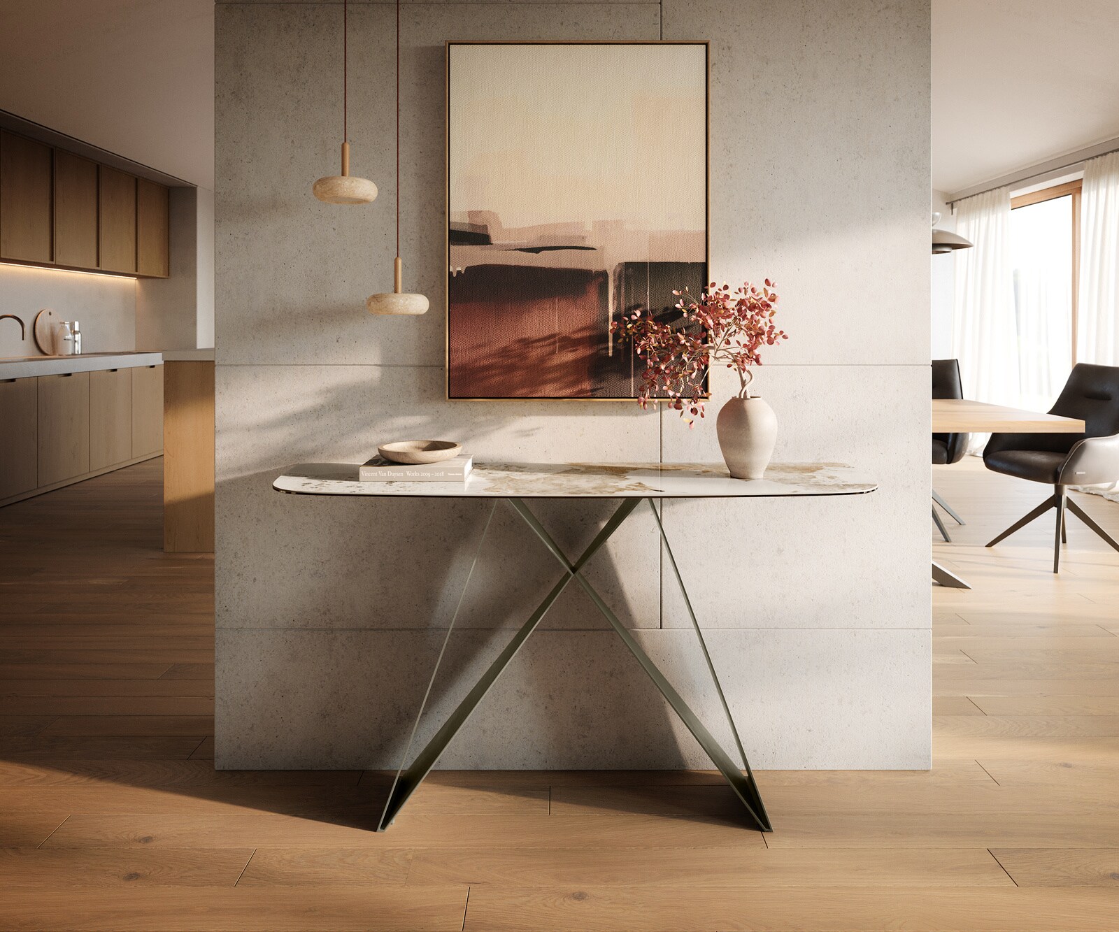 Console Edge forme bateau 140x40 cm Céramique Minas Melange Weiß-Beige Velio Métal Effektfinish Titan 1