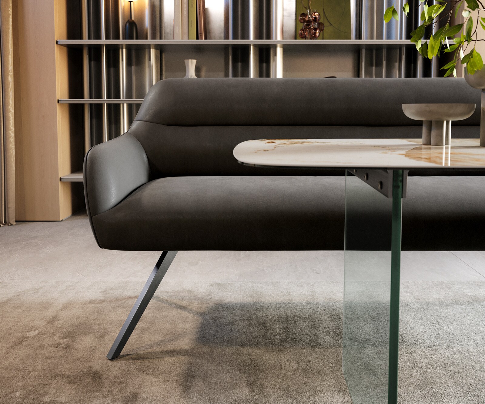 Banc-de-salle-à-manger Taya-Flex 200 cm microfibre antracite vintage pied croisé angulaire grafiete ressort ensaché 1