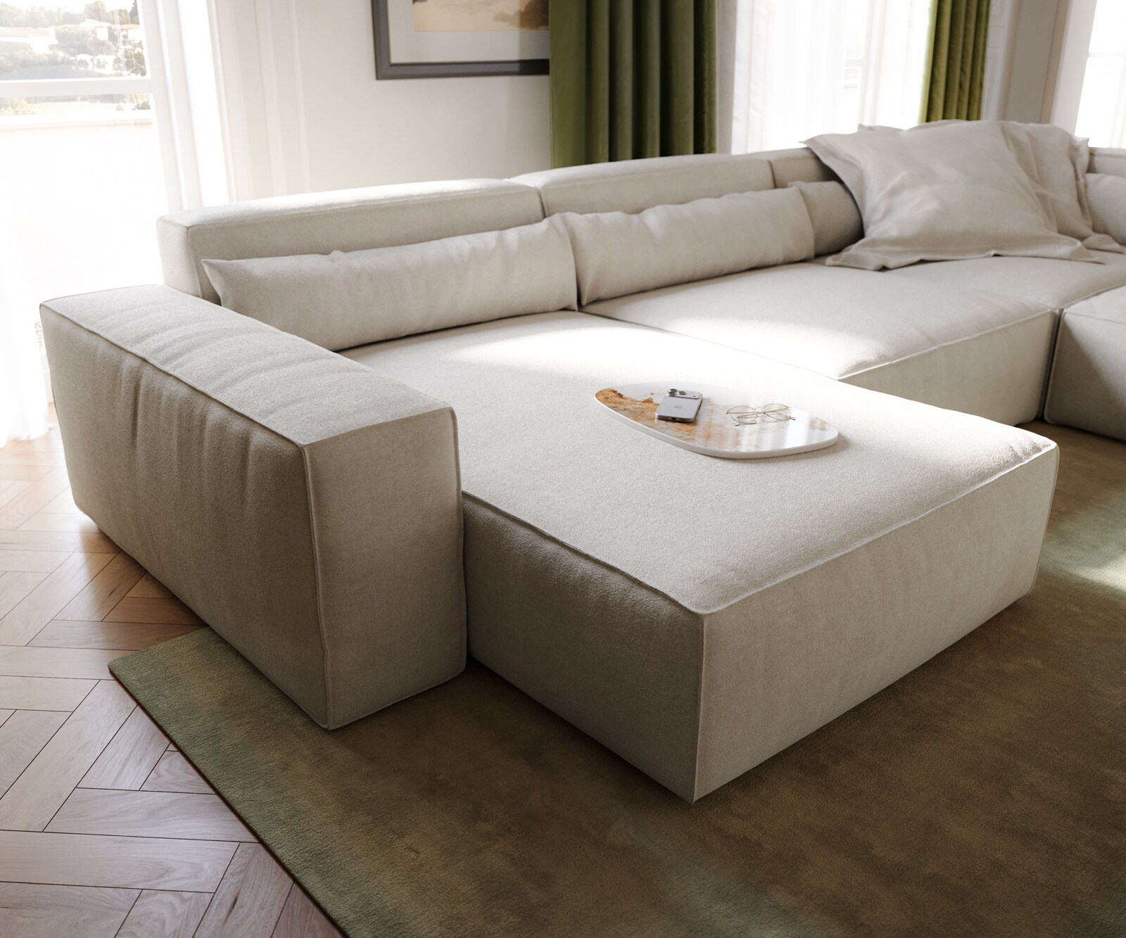 Canapé panoramique Sirpio XL 360x260 cm Tissu texturé doux Beige Méridienne modulable 4