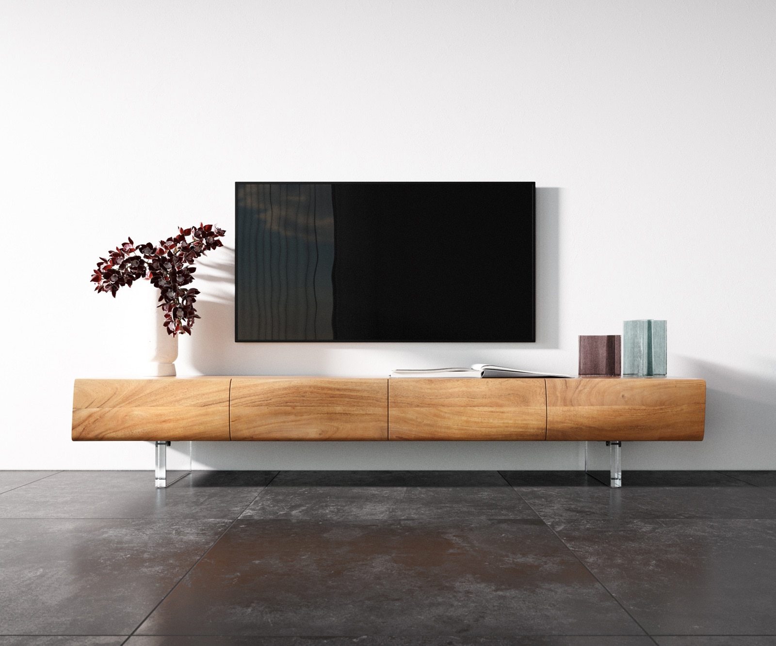Meuble TV New Live-Edge 200 cm acacia naturel 4 portes pied acrylique 4