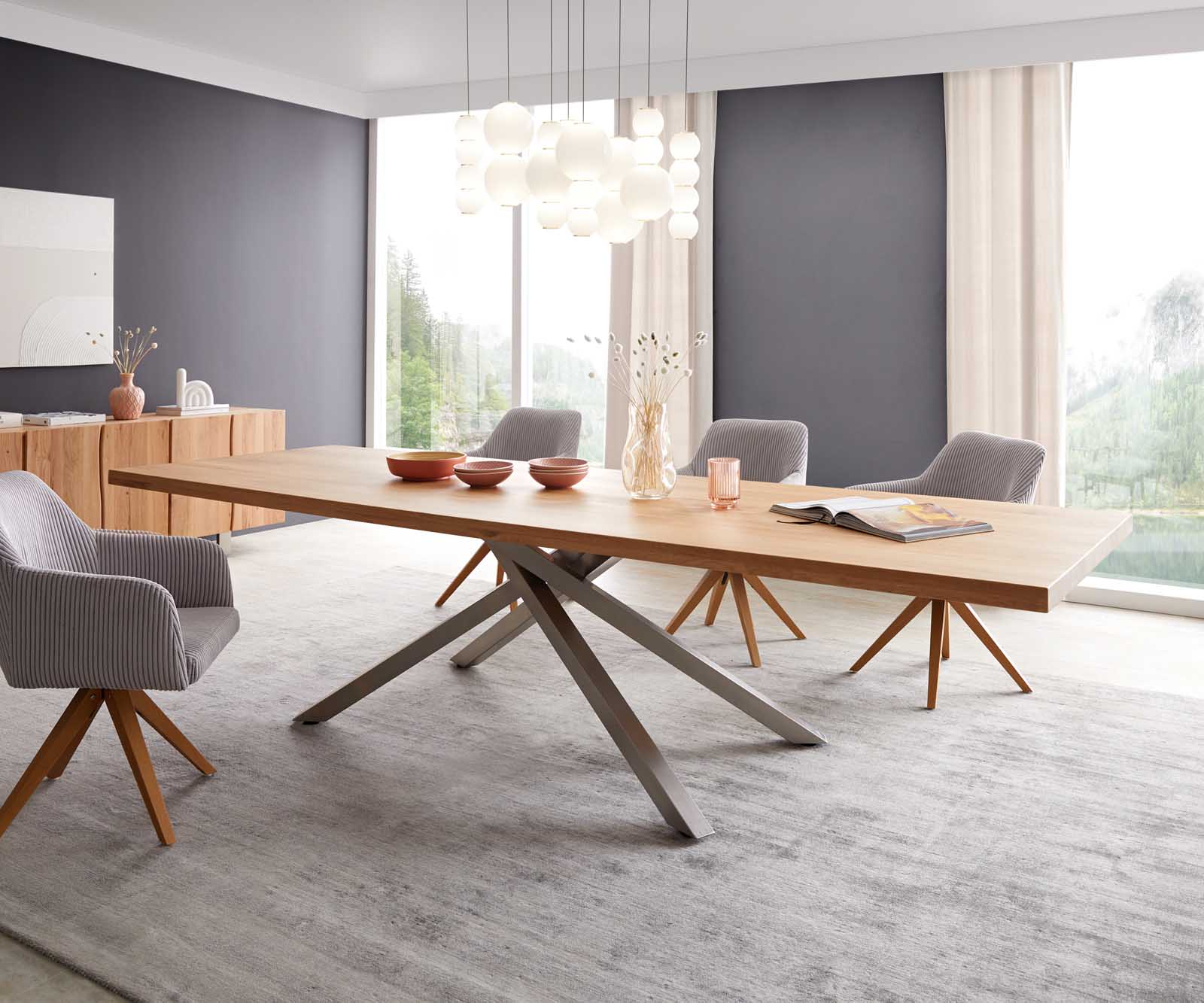 Table à manger Edge 300x100 chêne nature cadre croisé rectangle acier inoxydable 2