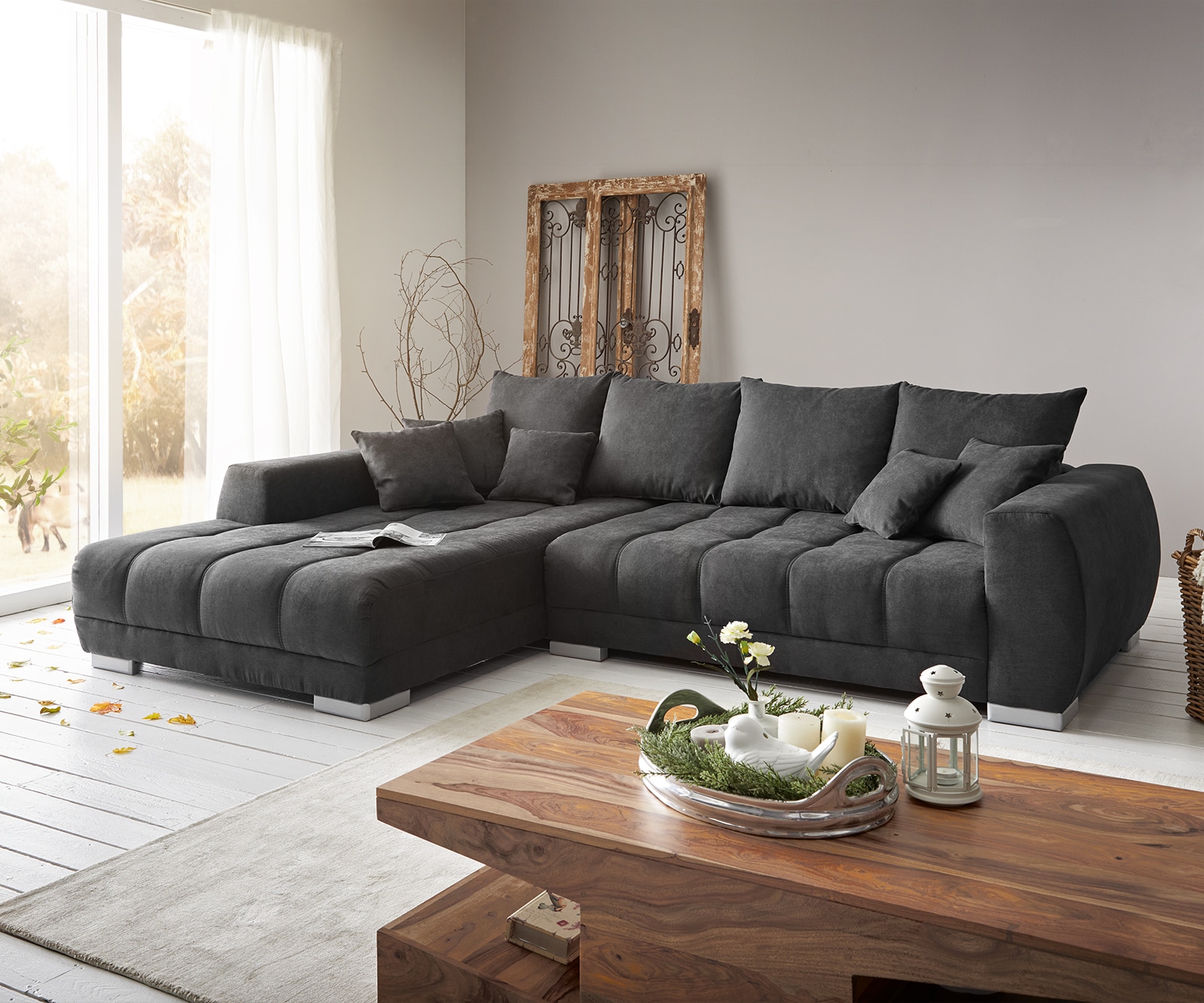 Ecksofa Josea 300x220 cm Mikrofaser Schwarz Recamiere links Ecksofa Josea 300x220 cm Mikrofaser Schwarz Recamiere links