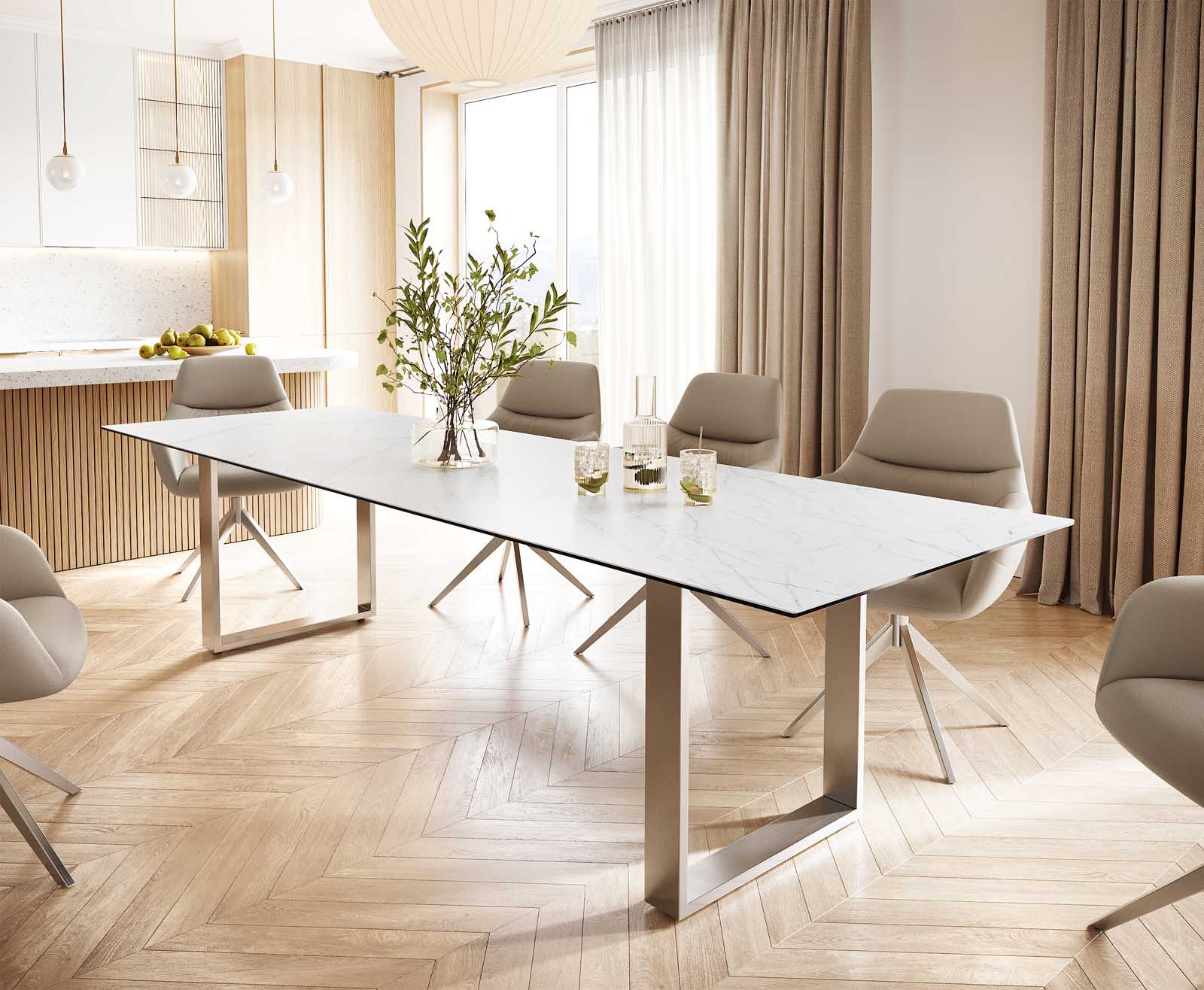 Table-à-manger Edge 300x100 céramique Laminam® statuarietto blanc inox étroit Table-à-manger Edge 300x100 céramique Laminam® statuarietto blanc inox étroit
