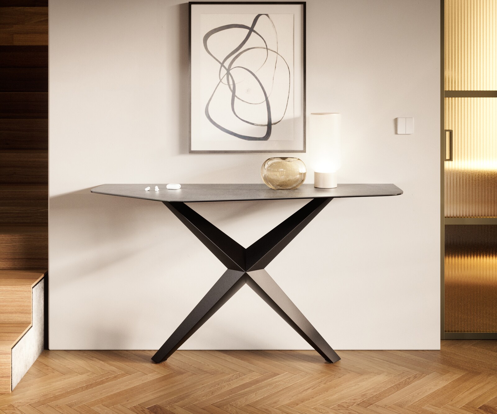 Console Edge Polygonal 180x50 cm Céramique Gris béton Livos Métal Noir 4