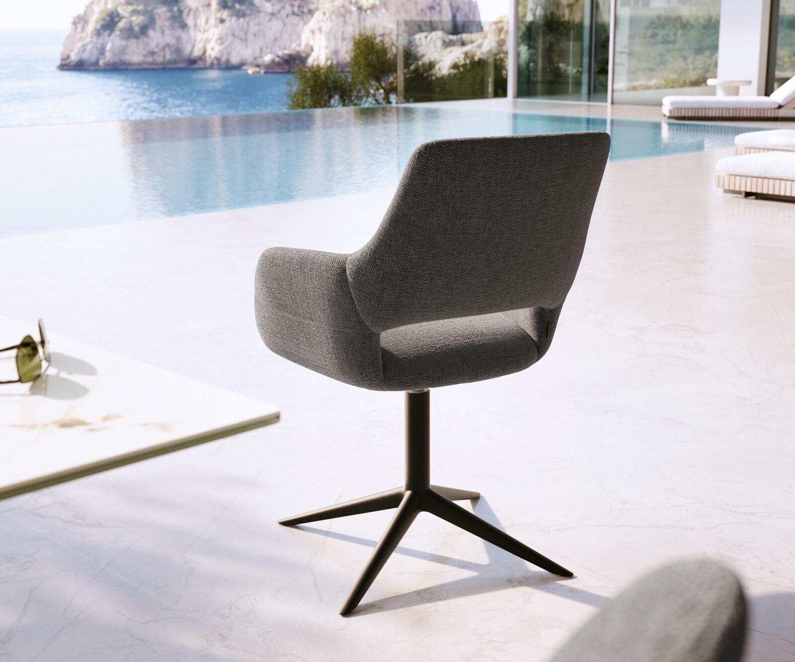 Chaise-d'extérieur Yago-Flex avec accoudoirs tissu texturé graphite pied de chaise 4 branches noir pivotement sur 360° fonction bascule 4