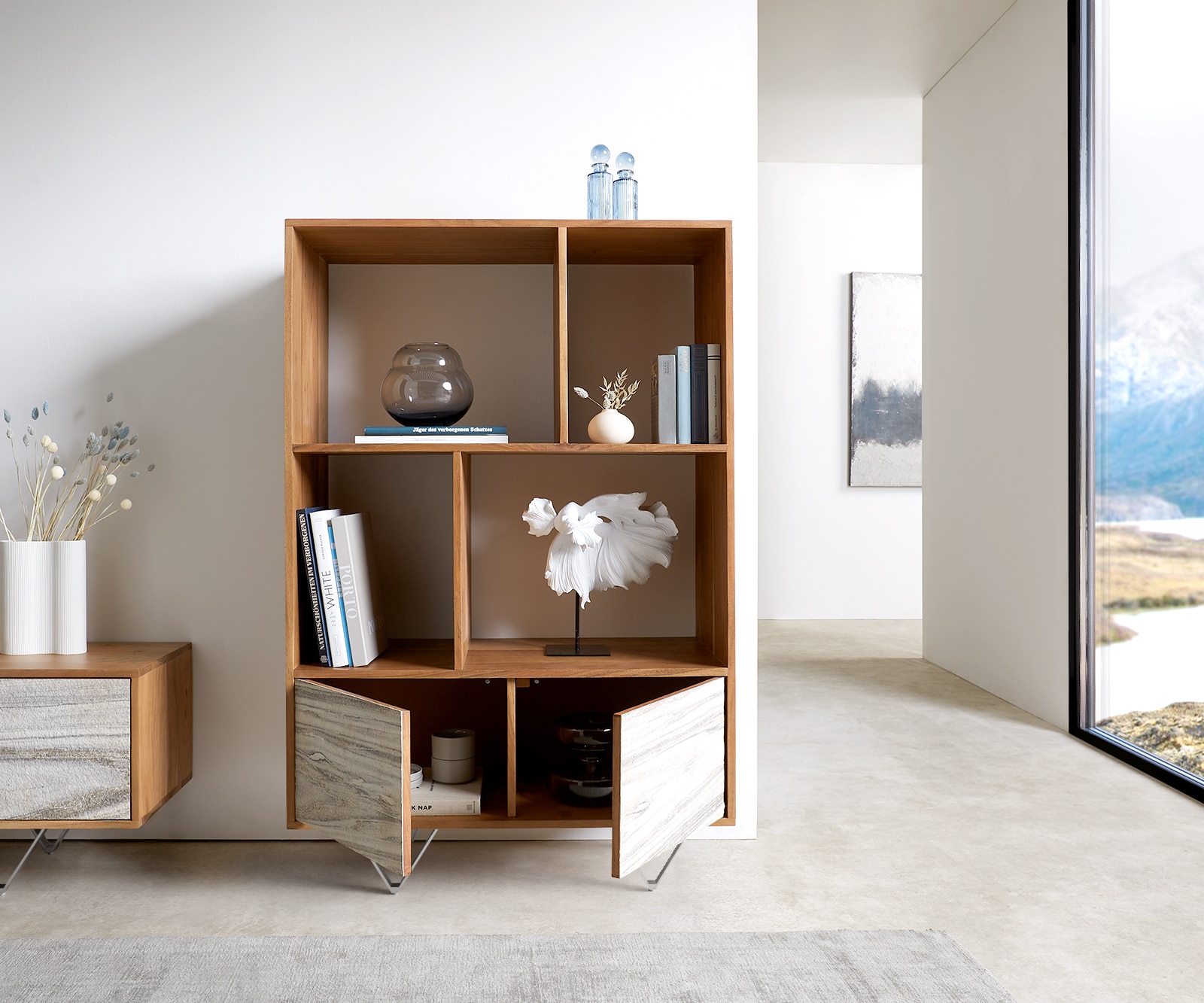 Highboard Kleo 90x130 cm Akazie Natur 2 Türen V-Fuß Edelstahl 3 Highboard Kleo 90x130 cm Akazie Natur 2 Türen V-Fuß Edelstahl 3