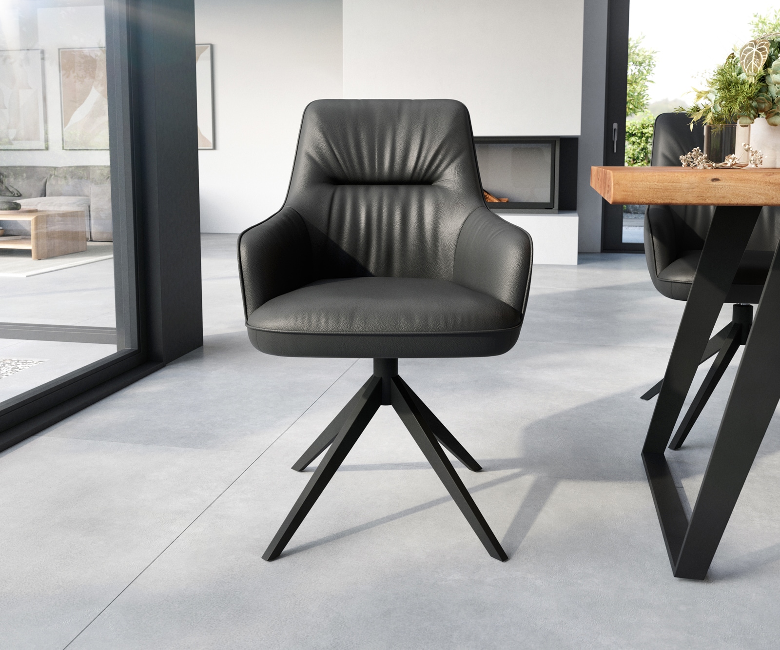 Esszimmerstuhl Zelia-Flex mit Armlehnen Echt-Leder Schwarz Kreuzgestell breit Schwarz Taschenfederkern 1 Esszimmerstuhl Zelia-Flex mit Armlehnen Echt-Leder Schwarz Kreuzgestell breit Schwarz Taschenfederkern 1