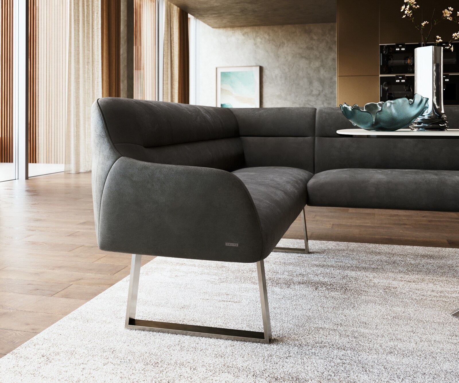 Banc-de-salle-à-manger Taya-Flex 285x190 cm microfibre antracite vintage piètement à patins angulaire acier inoxydable ressort ensaché à droite 5