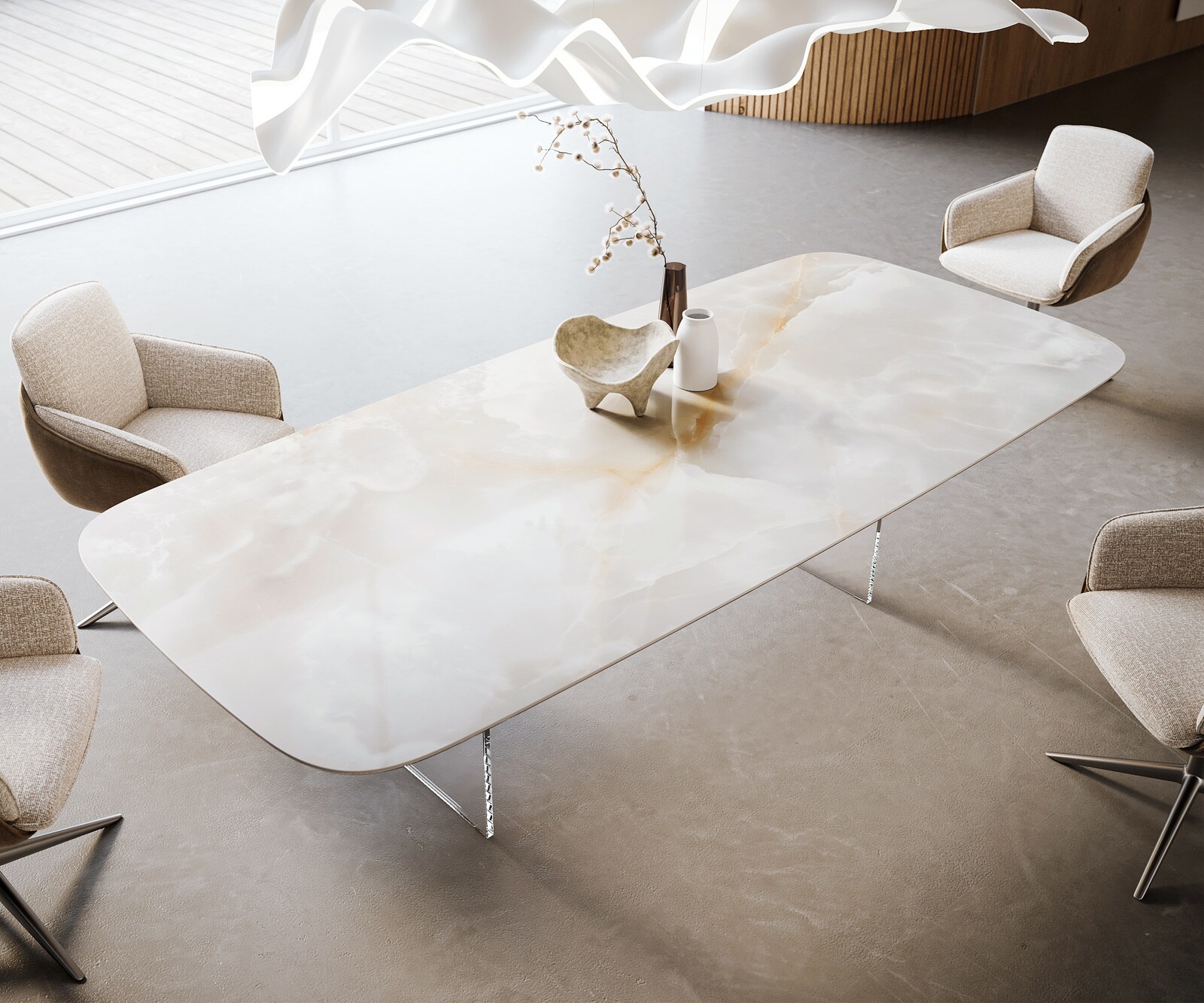 Table à manger Edge Boot 270x120 cm Céramique Iris FMG Onice Grigio piètement en verre 4