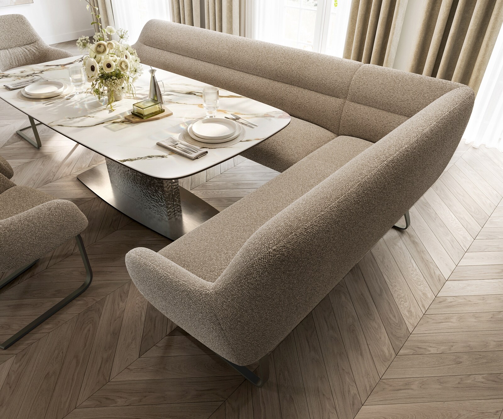 Esszimmerbank Taya-Flex 285x190 cm Bouclé Schlamm Kufengestell flach Effektfinish Titan Taschenfederkern Links 3