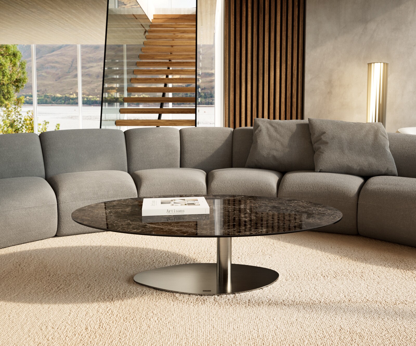 Table basse Edge Oval 140x80 cm céramique Laminam® Emperador Extra Lucidato brun foncé Vibany acier inoxydable brossé 1