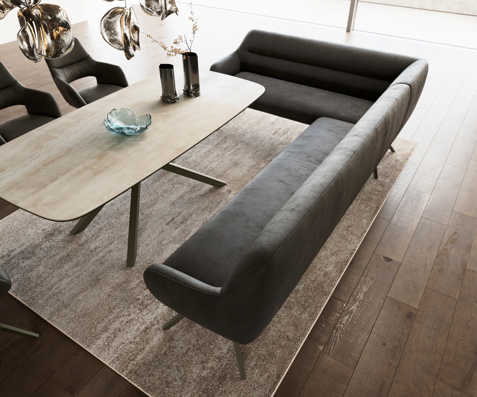 Esszimmerbank Taya-Flex 285x190 cm Mikrofaser Anthrazit Vintage Kreuzgestell kantig Effektfinish Titan Taschenfederkern Rechts 3