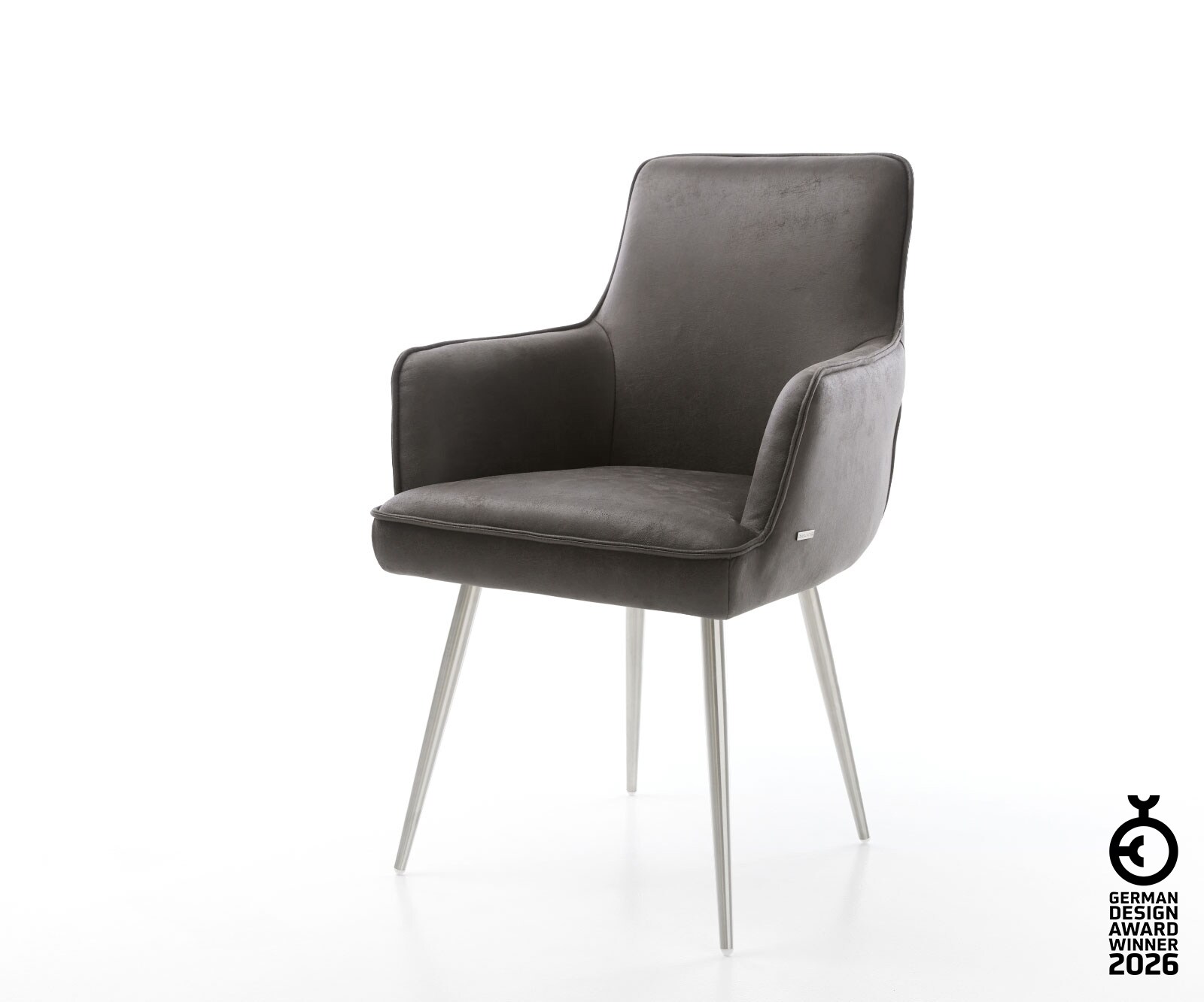 Esszimmerstuhl Heira-Flex mit Armlehnen Mikrofaser Anthrazit Vintage 4-Fuß konisch Edelstahl Taschenfederkern