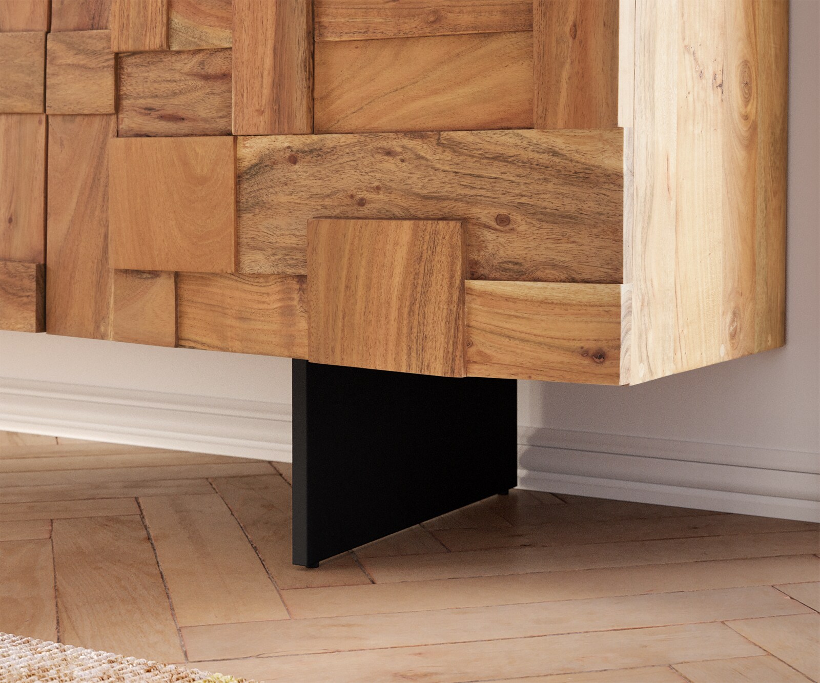Meuble-TV Puzzle 260 cm 4 portes 2 tiroirs acacia naturel pied flottant métal noir 6