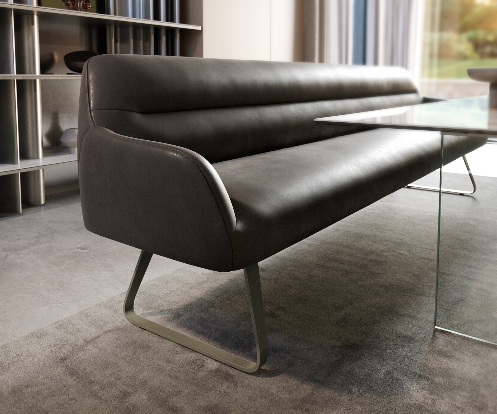 Banc-de-salle-à-manger Taya-Flex 300 cm microfibre antracite vintage châssis à patins plat titane ressort ensaché 5