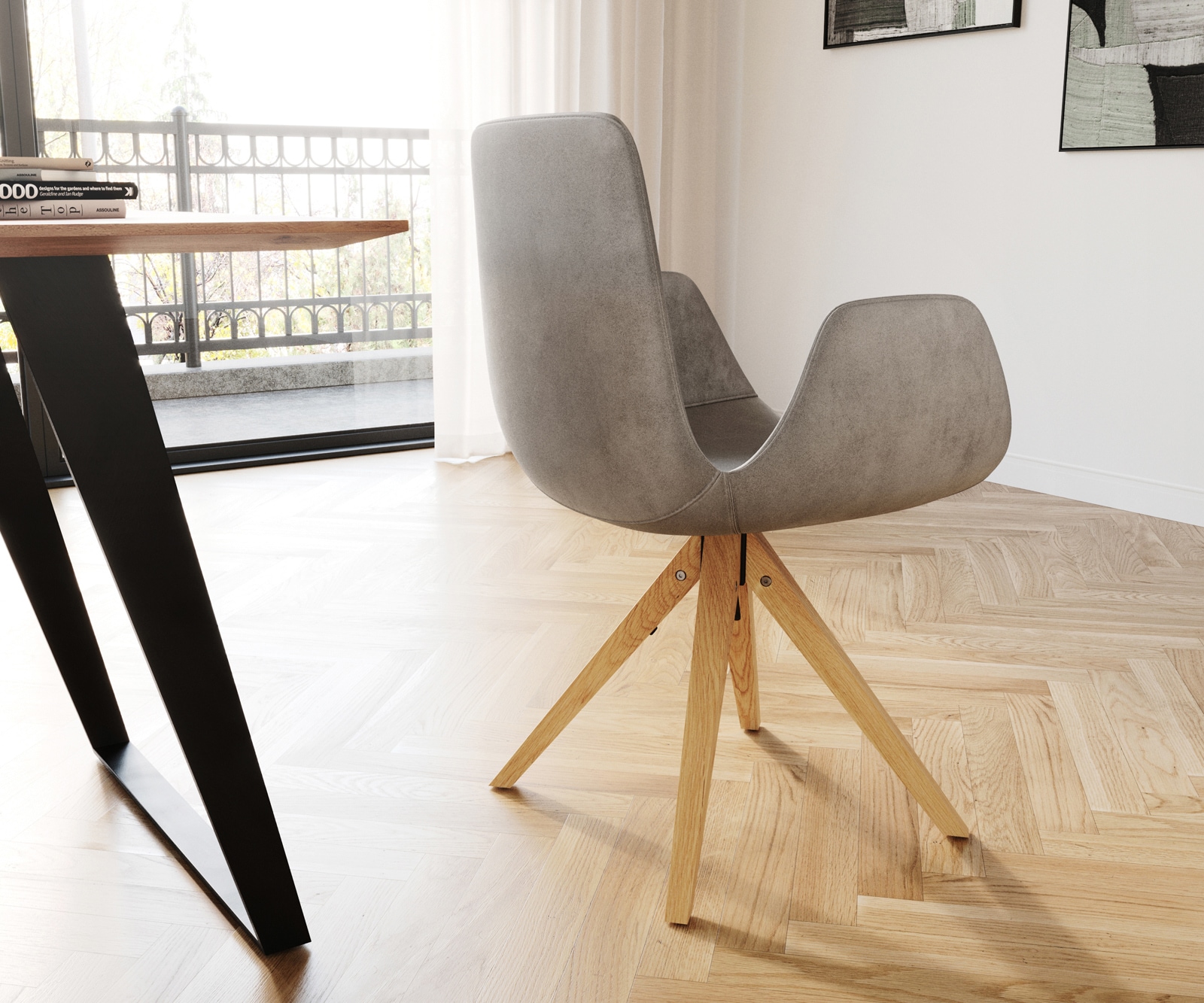 Chaise-de-salle-à-manger Ilia-Flex avec accoudoirs velours gris pied en bois conique naturel 4 Chaise-de-salle-à-manger Ilia-Flex avec accoudoirs velours gris pied en bois conique naturel 4
