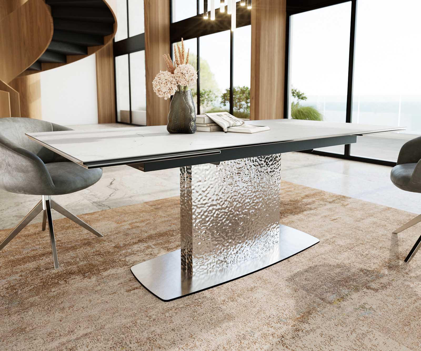 Esstisch Edge 200-300x100 Keramik Laminam®Statuarietto Weiß Wave Edelstahl ausziehbar 4 Esstisch Edge 200-300x100 Keramik Laminam®Statuarietto Weiß Wave Edelstahl ausziehbar 4