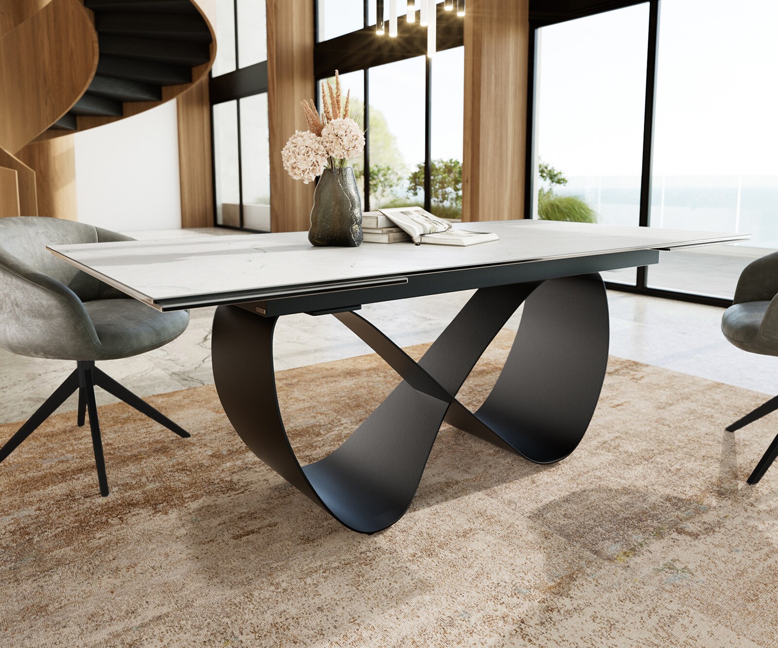 Table à manger Edge 200-300x100 cm Céramique Laminam®Statuarietto Blanc Infinity Métal Noir extensible 5