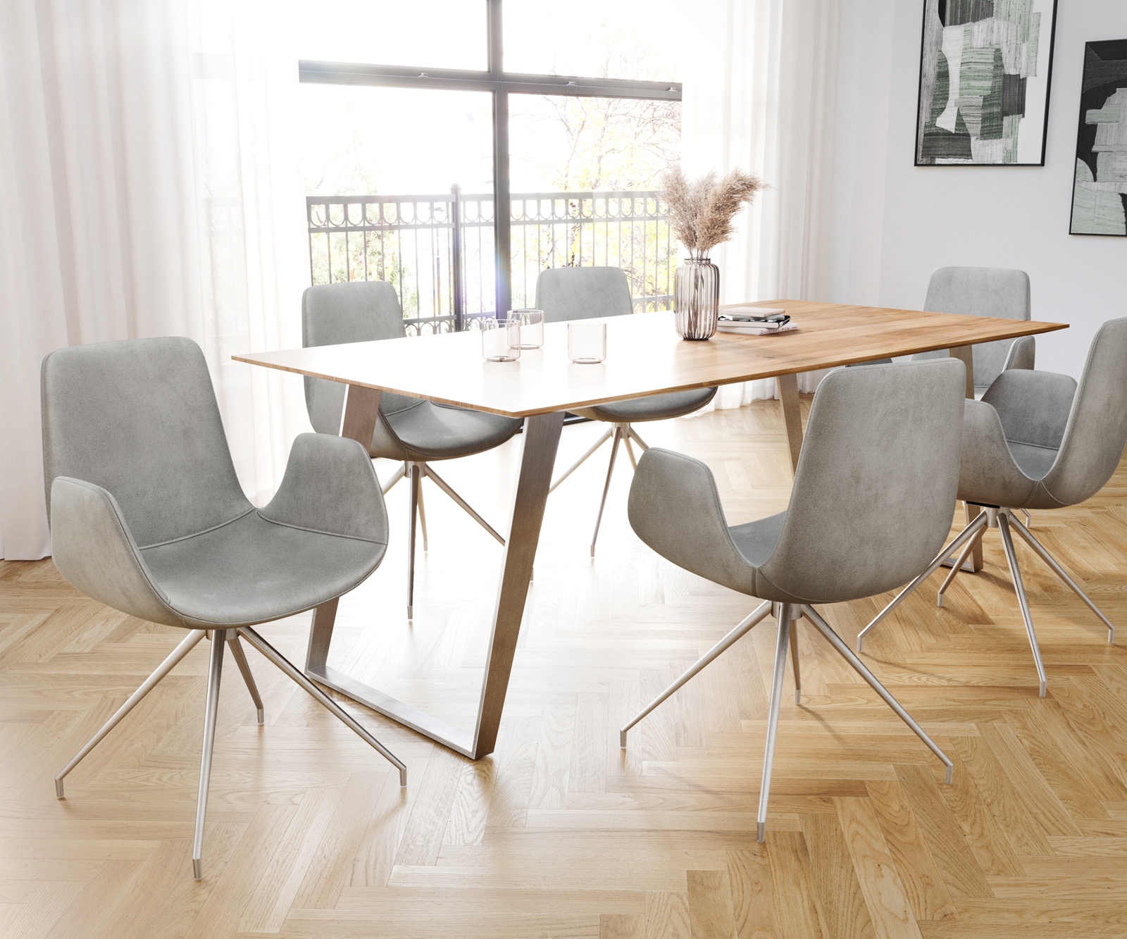 Esszimmerstuhl Ilia-Flex mit Armlehnen Samt Grau Kreuzgestell konisch Edelstahl 3 Esszimmerstuhl Ilia-Flex mit Armlehnen Samt Grau Kreuzgestell konisch Edelstahl 3