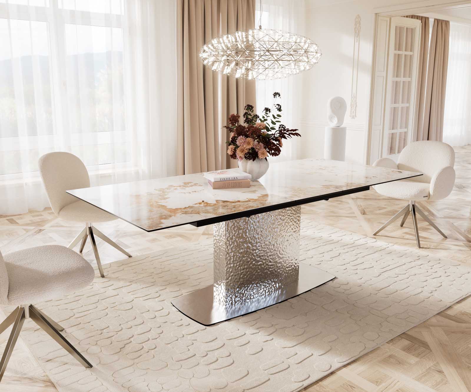 Esstisch Edge 180-220x100 Keramik Minas Melange Weiß-Beige Wave Edelstahl ausziehbar Esstisch Edge 180-220x100 Keramik Minas Melange Weiß-Beige Wave Edelstahl ausziehbar
