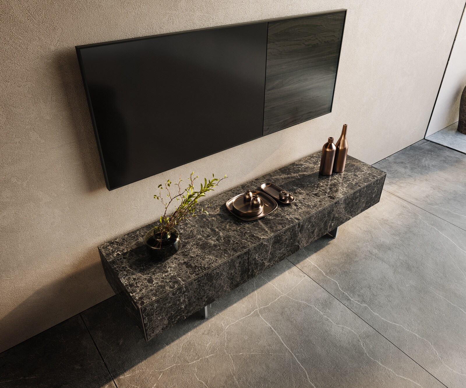 Meuble-TV Cuor 150 cm Céramique Emperador Extra Lucidato brun foncé 1 Clapet 1 Tiroir Pied optique flottant Ancier inoxydable 4