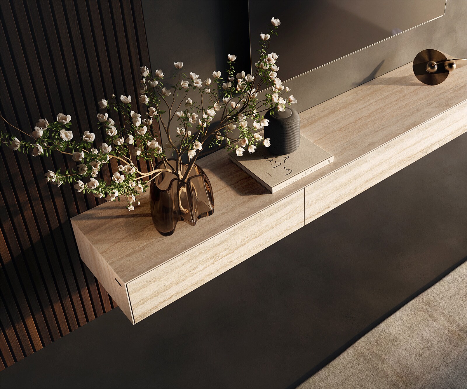 Lowboard Cuor 200 cm Keramik Laminam® Travertino Bianco Creme-Weiß 1 Klappe 1 Schubfach Schwebend 6