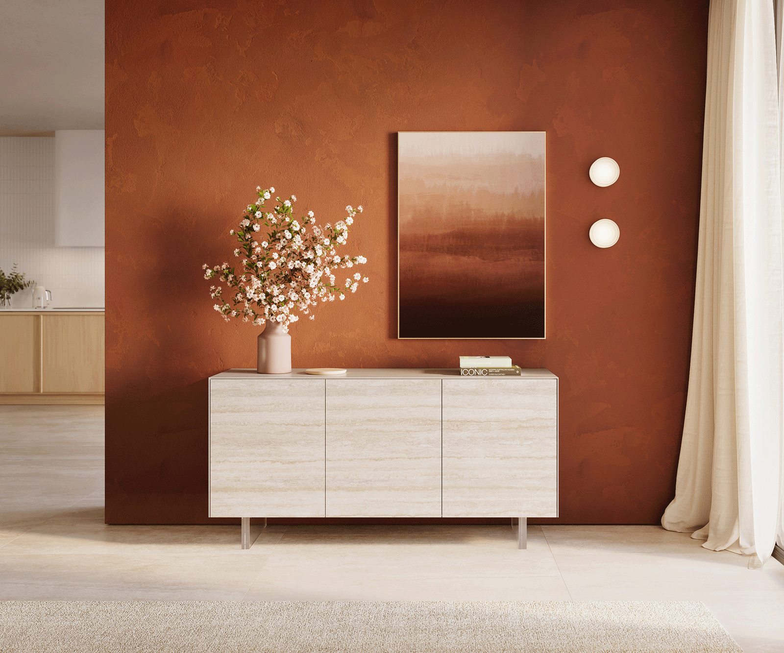 Sideboard Cuor 150 cm Keramik Laminam® Travertino Bianco Creme-Weiß 3 Türen Fuß Schwebeoptik Acrylglas 1