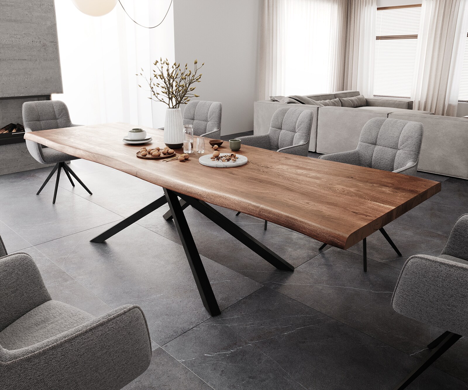 Table à manger Edge 300x100 XL acacia marron cadre croisé rectangle noir Live-Edge 1