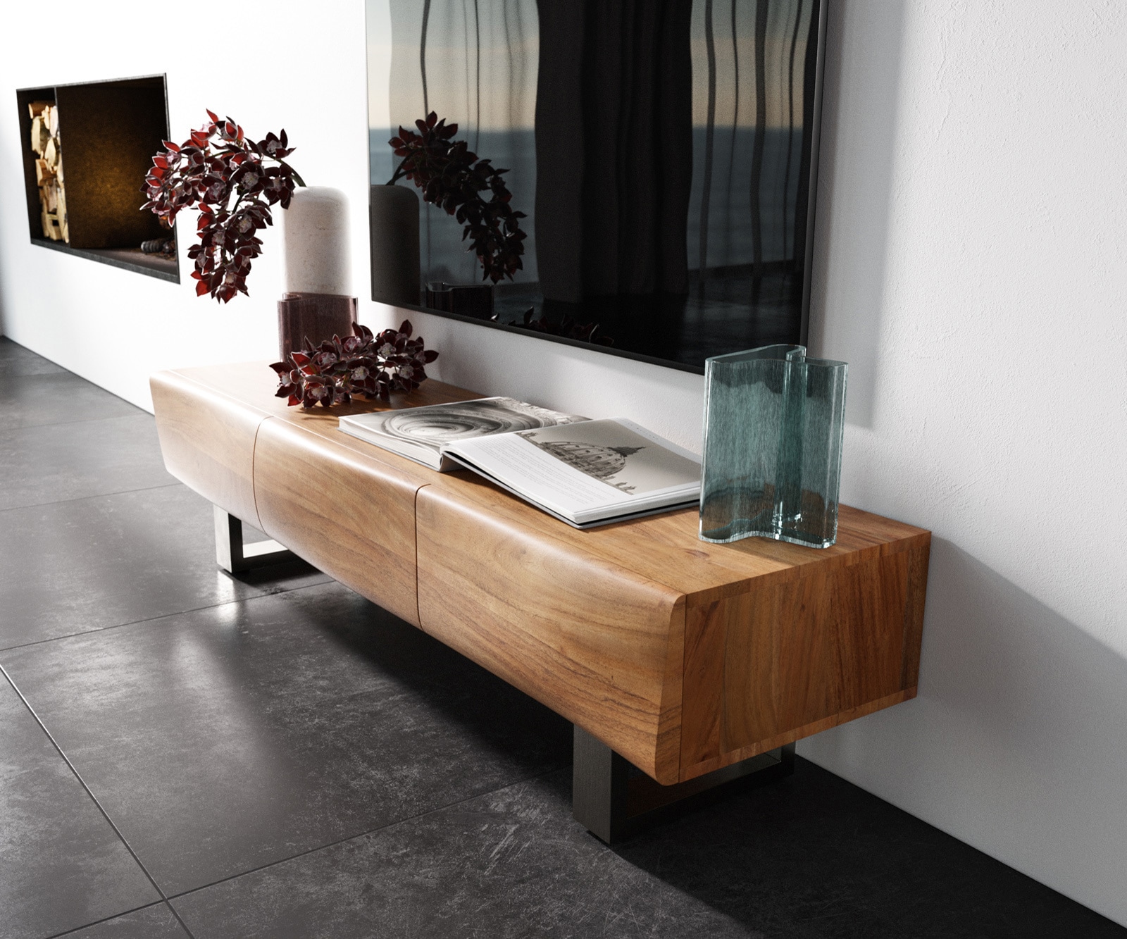 Meuble - TV New Live-Edge 145 cm acacia naturel 3 portes patin inox brossé 1 Meuble - TV New Live-Edge 145 cm acacia naturel 3 portes patin inox brossé 1