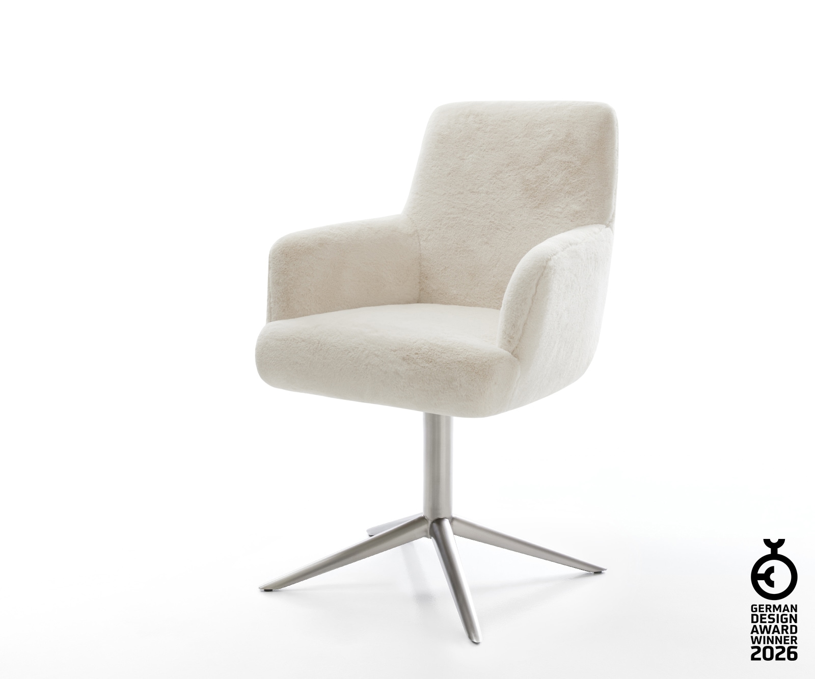 Drehstuhl Heira-Flex mit Armlehnen Plüsch Creme-Weiß Fußkreuz Edelstahl 360° drehbar Wippfunktion Taschenfederkern 1