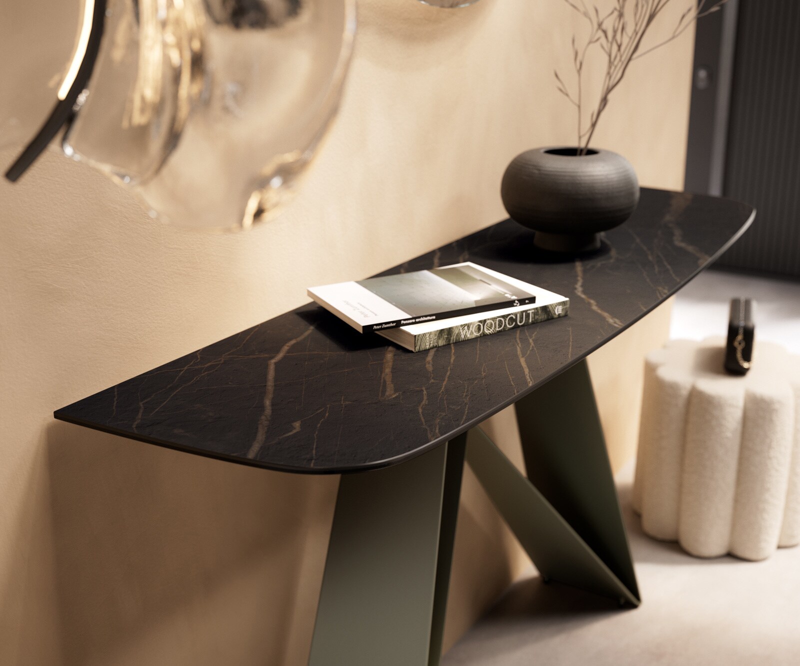 Konsolentisch Edge Boot 140x40 cm Keramik Laminam® Noir Desir Braun Velio Metall Effektfinish Titan 6