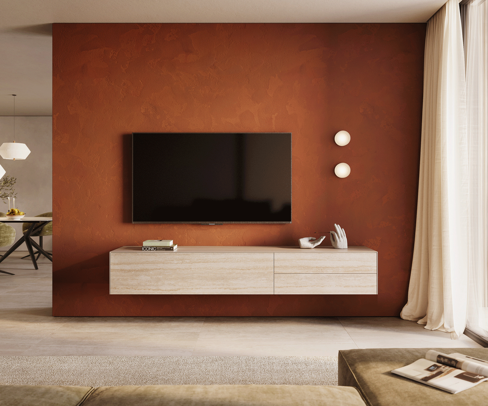 Lowboard Cuor 220 cm Keramik Laminam® Travertino Bianco Creme-Weiß 1 Klappe 2 Schubfächer Schwebend 1