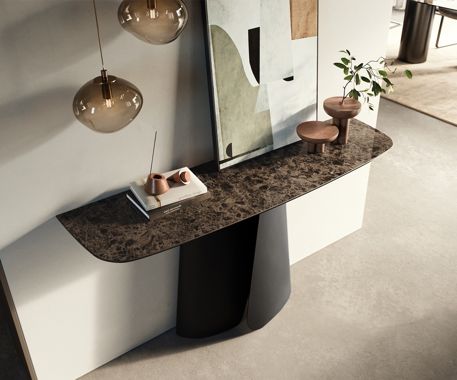 Console Edge forme bateau 140x40 cm Céramique Emperador Extra Lucidato Dunkelbraun Livos Métal Noir 2