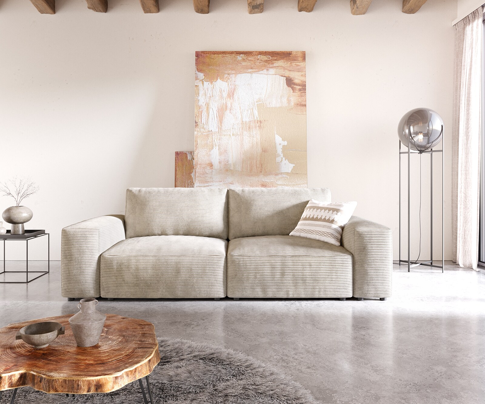 Big canapé Lanzo 230x95 cm velours côtelé beige 1