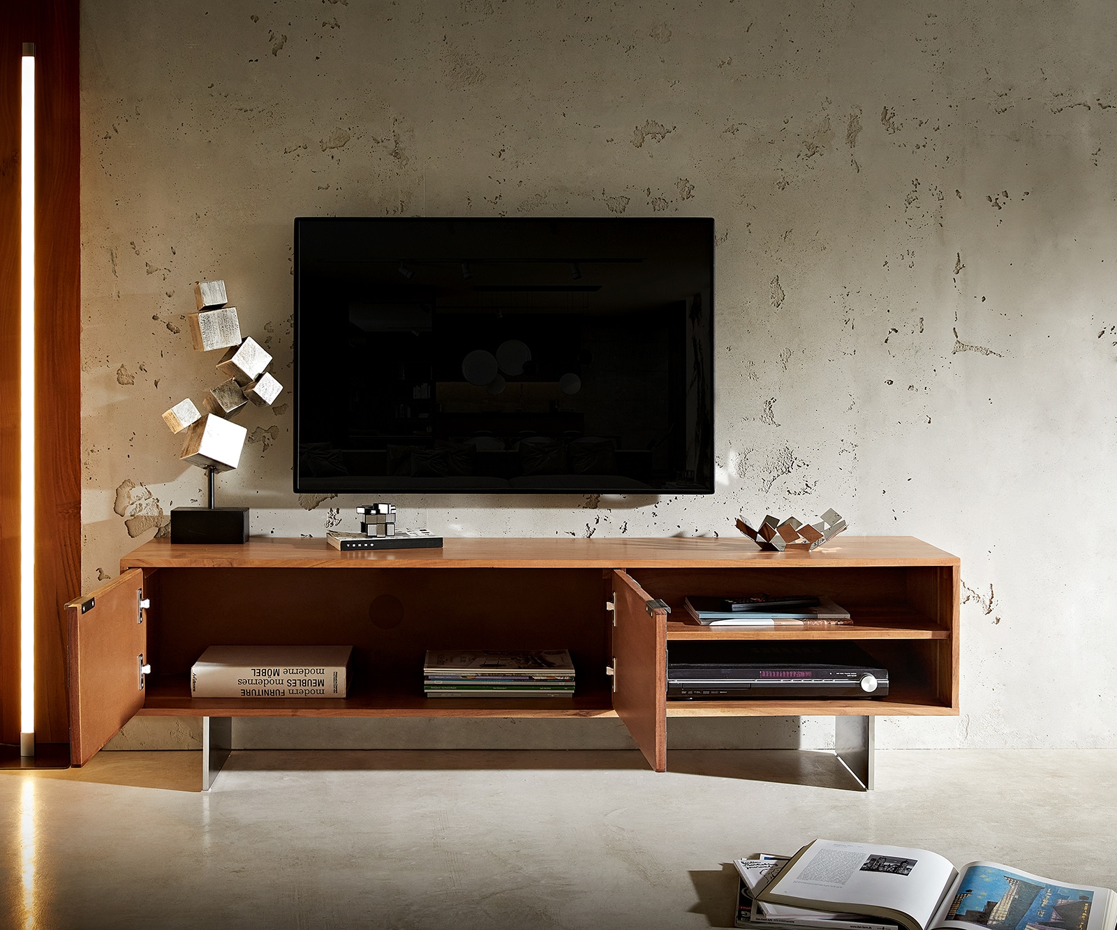 Lowboard Teele 160 cm Akazie Natur Schiefer 2 Türen Fuß schwebend Edelstahl 5 Lowboard Teele 160 cm Akazie Natur Schiefer 2 Türen Fuß schwebend Edelstahl 5