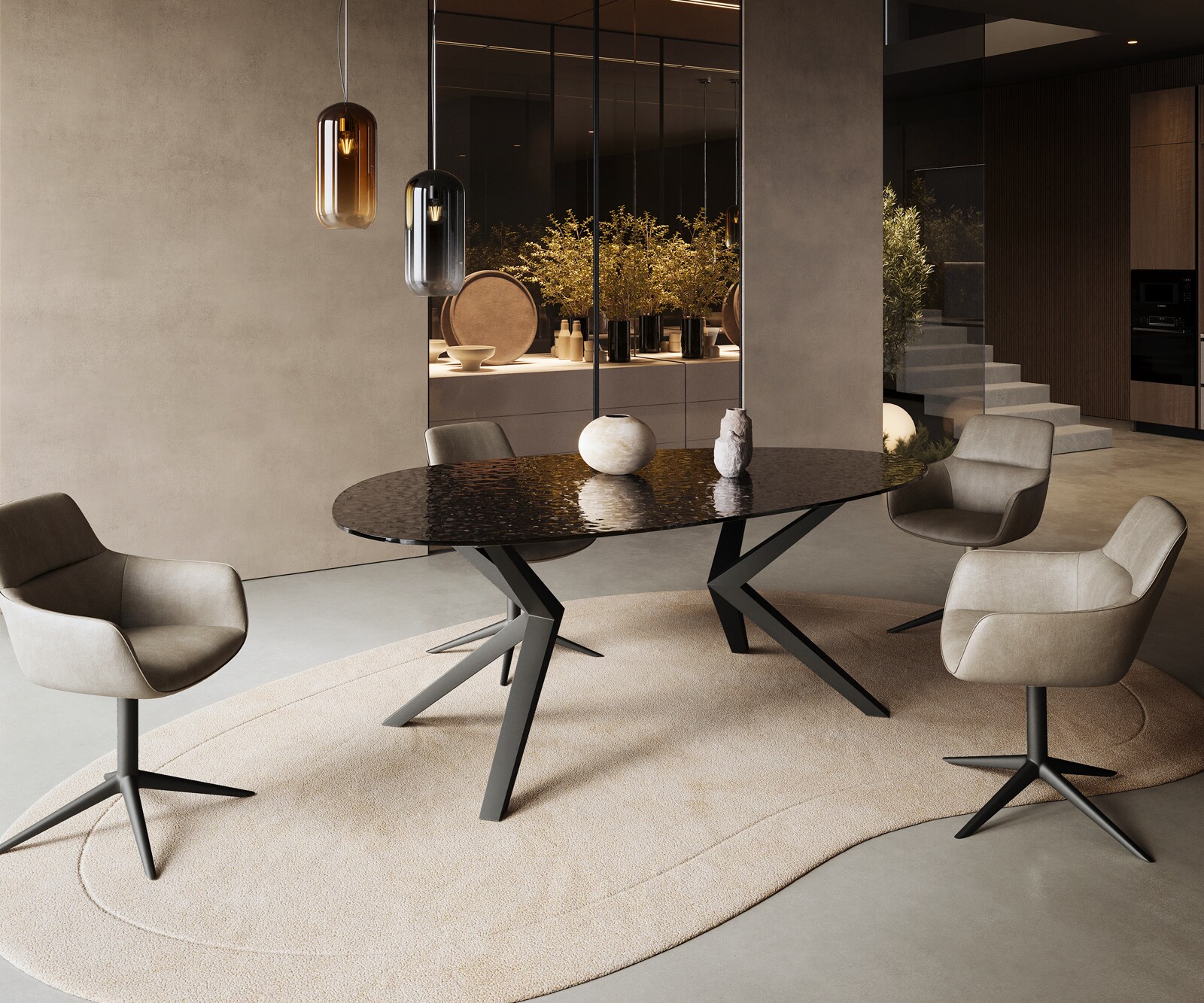 Esstisch Edge Oval 220x120 Reliefglas Rauchschwarz 3D-Design Zenthara kantig Metall Schwarz 4