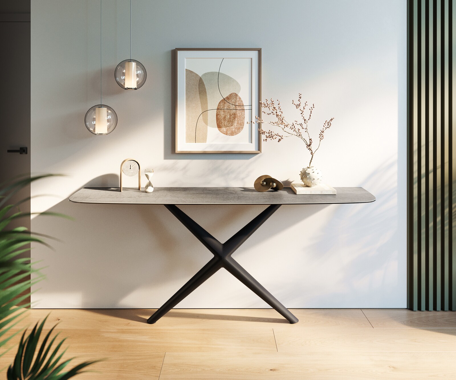 Console Edge forme bateau 180x40 cm Céramique Gris béton Conos Métal Noir 4