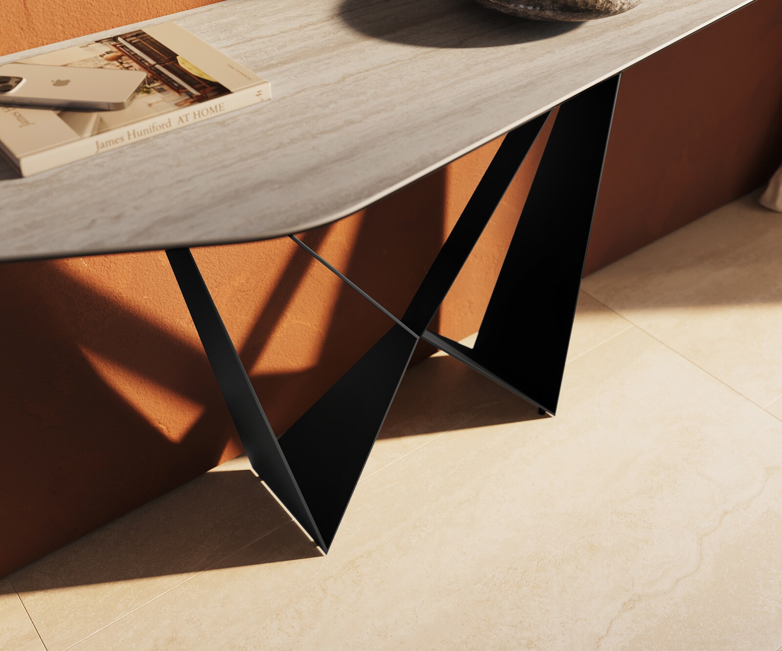Console Edge Polygonal 180x50 cm Céramique Laminam® Travertino Bianco Creme-Weiß Spios Métal Noir 5