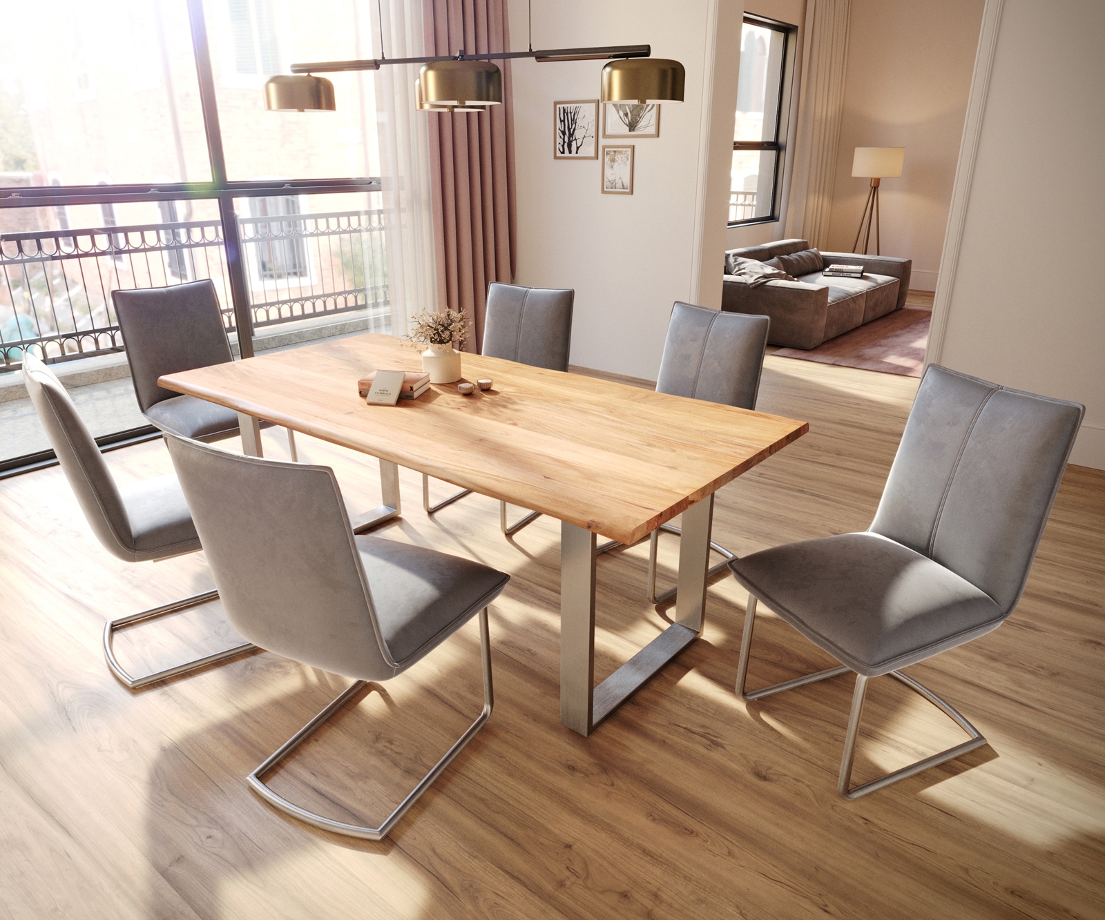 Cantilever Lelio-Flex velours gris pied cantilever rond acier inoxydable brossé ressorts ensachés 4