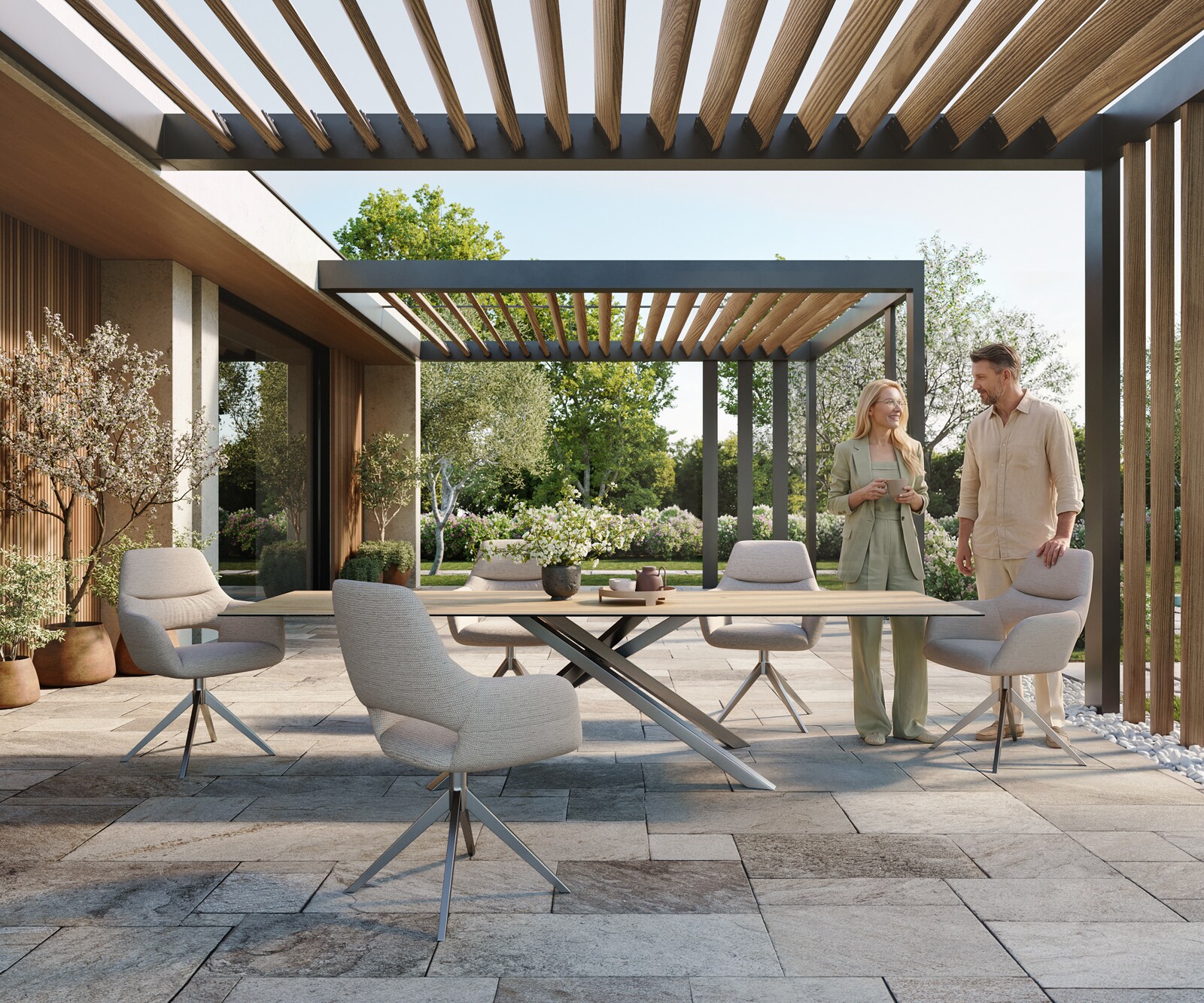 Table d’extérieur Edge 300x100 cm céramique Laminam® Sabbia couleur chêne piètement croisé rectangulaire en acier inoxydable 1