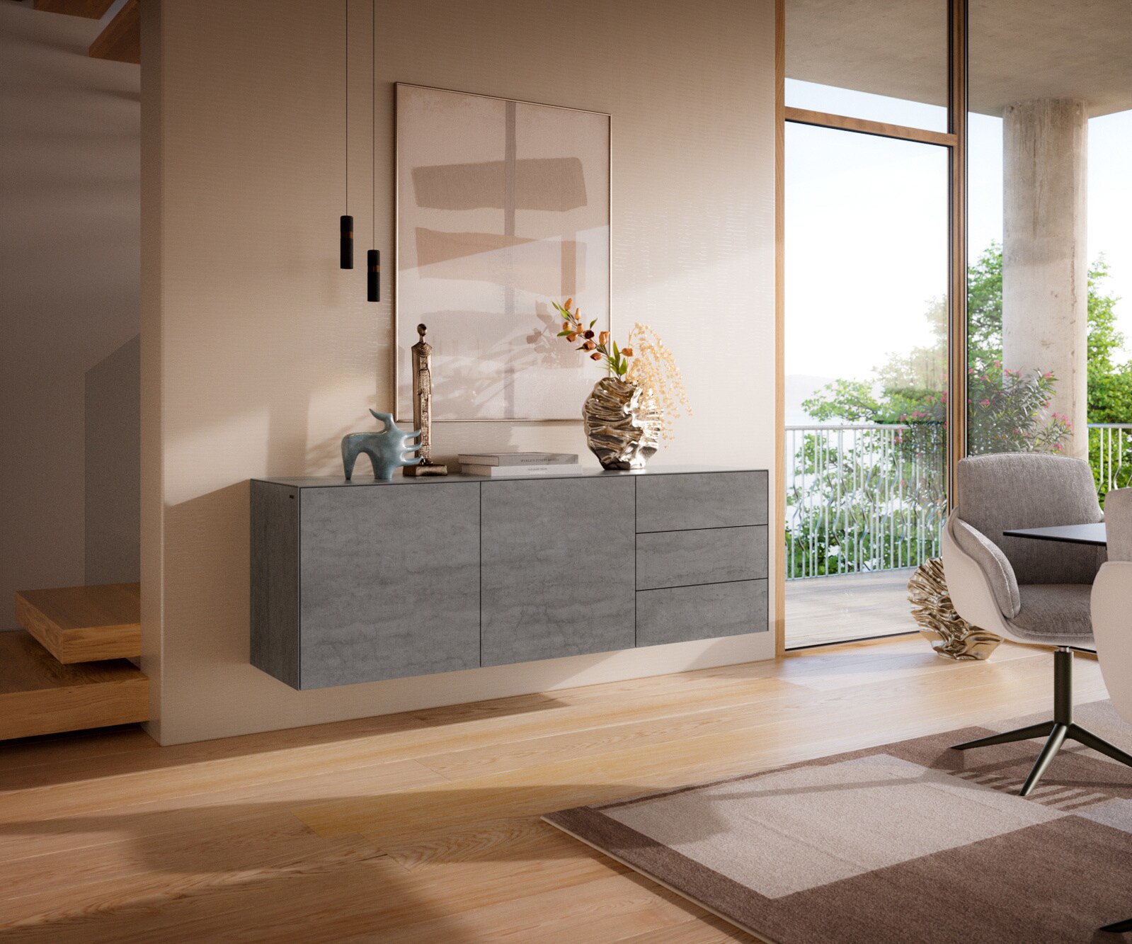 Sideboard Cuor 180 cm Keramik Beton Grau 2 Türen 3 Schubfächer Schwebend