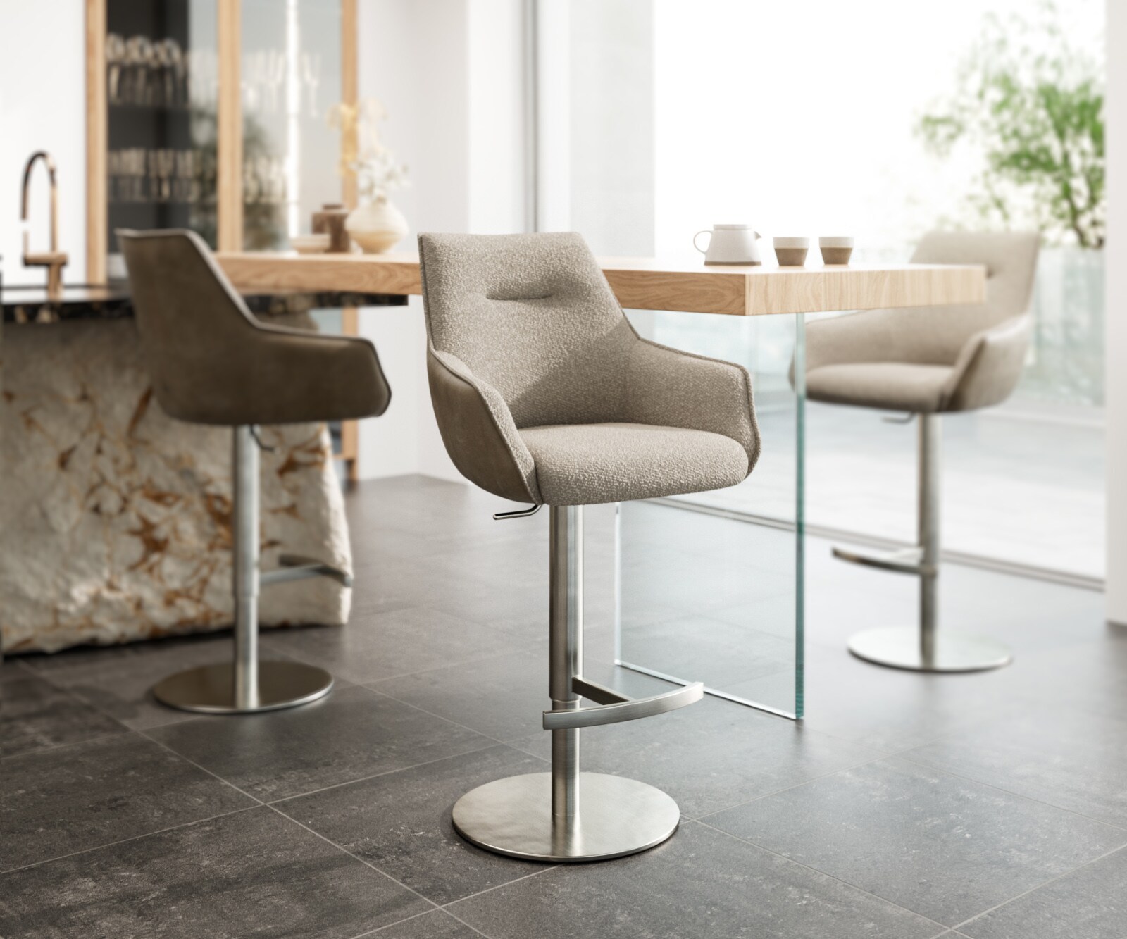 Chaise-de-bar Alja-Flex microfibre anthracite vintage pied pivotant réglable en hauteur métal noir pivotant ressorts ensachés 4