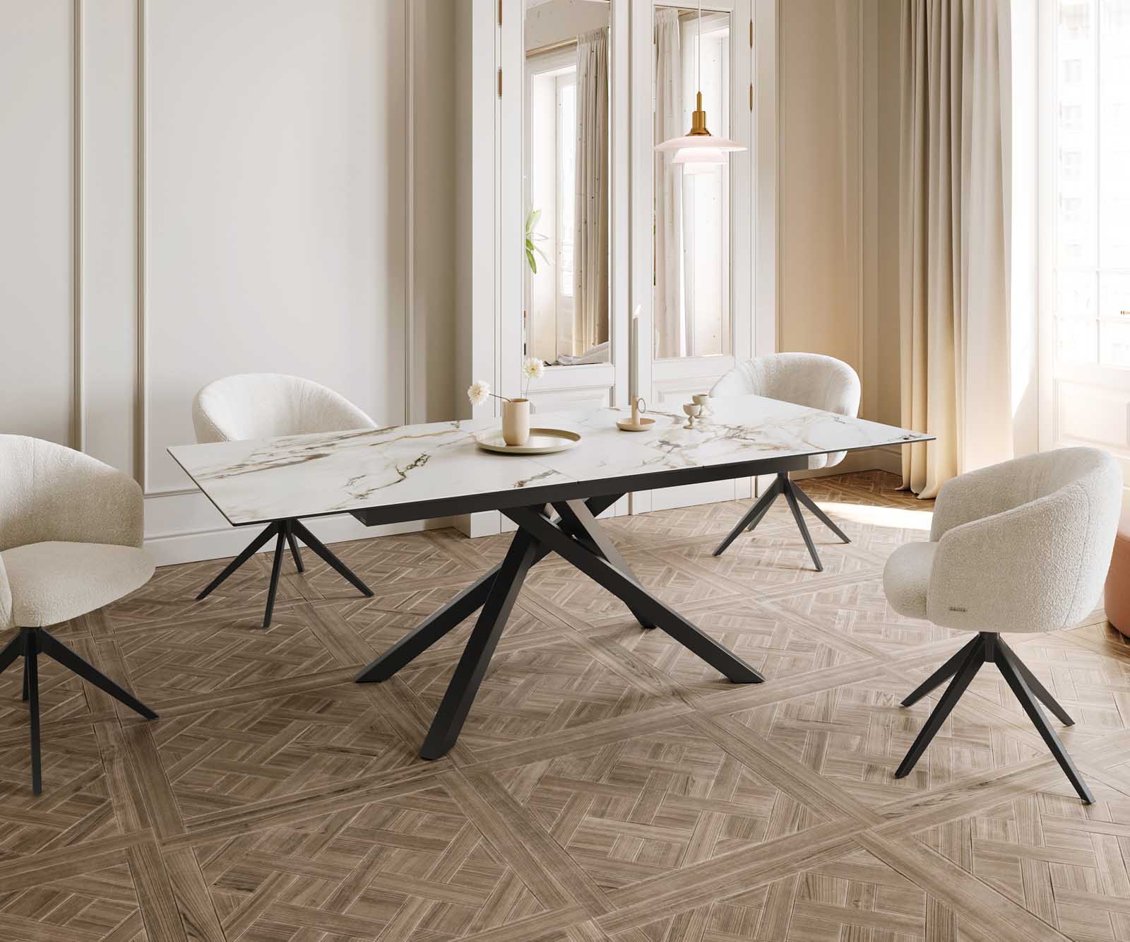 Esstisch Edge 180-220x100 Keramik Calacatta Luxe Weiß-Gold-Grau Kreuzgestell Rechteck Schwarz ausziehbar 8